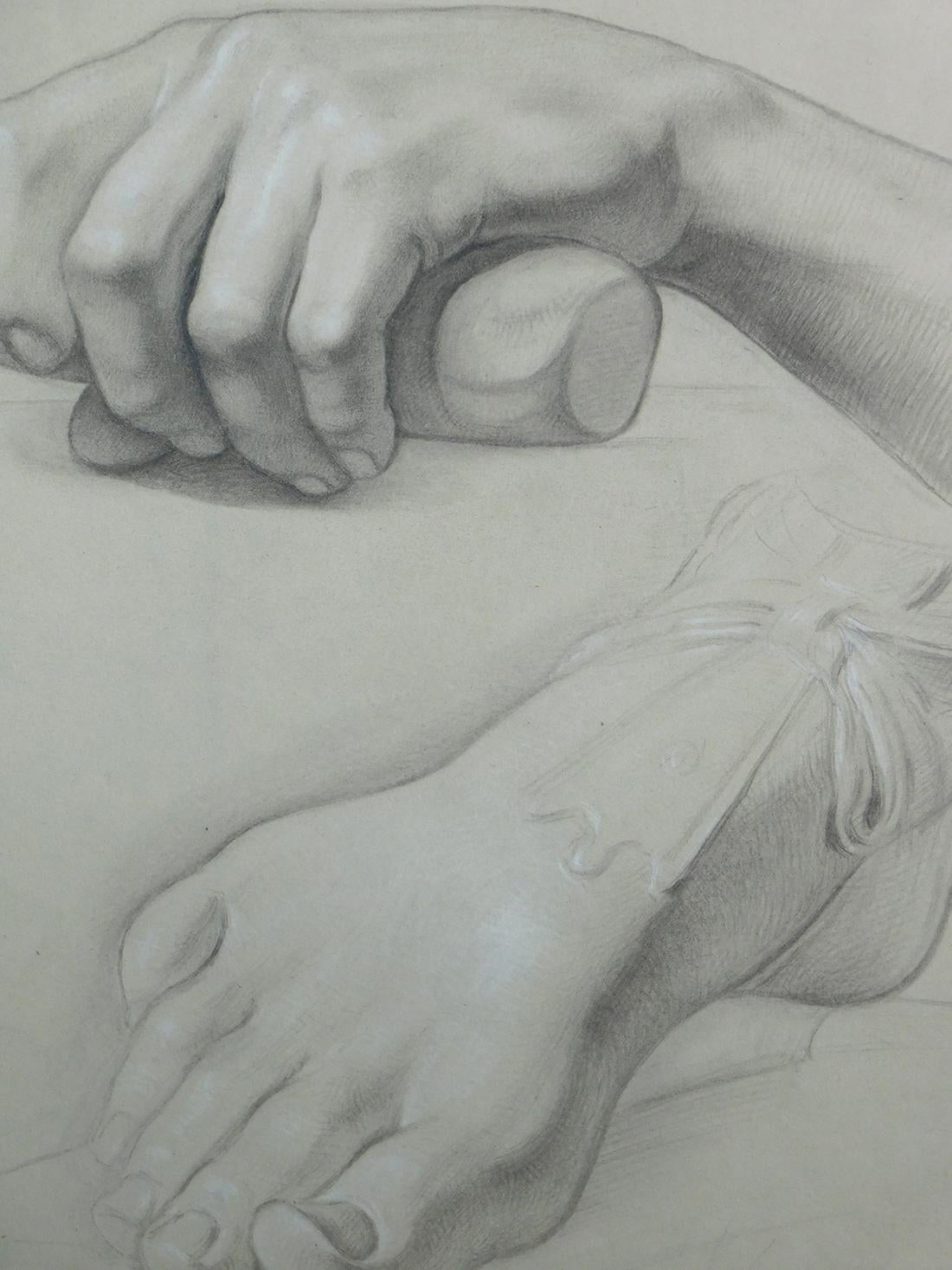 Graphite on Paper Two Artist Studies of Hands and Extended Foot In Excellent Condition For Sale In San Francisco, CA