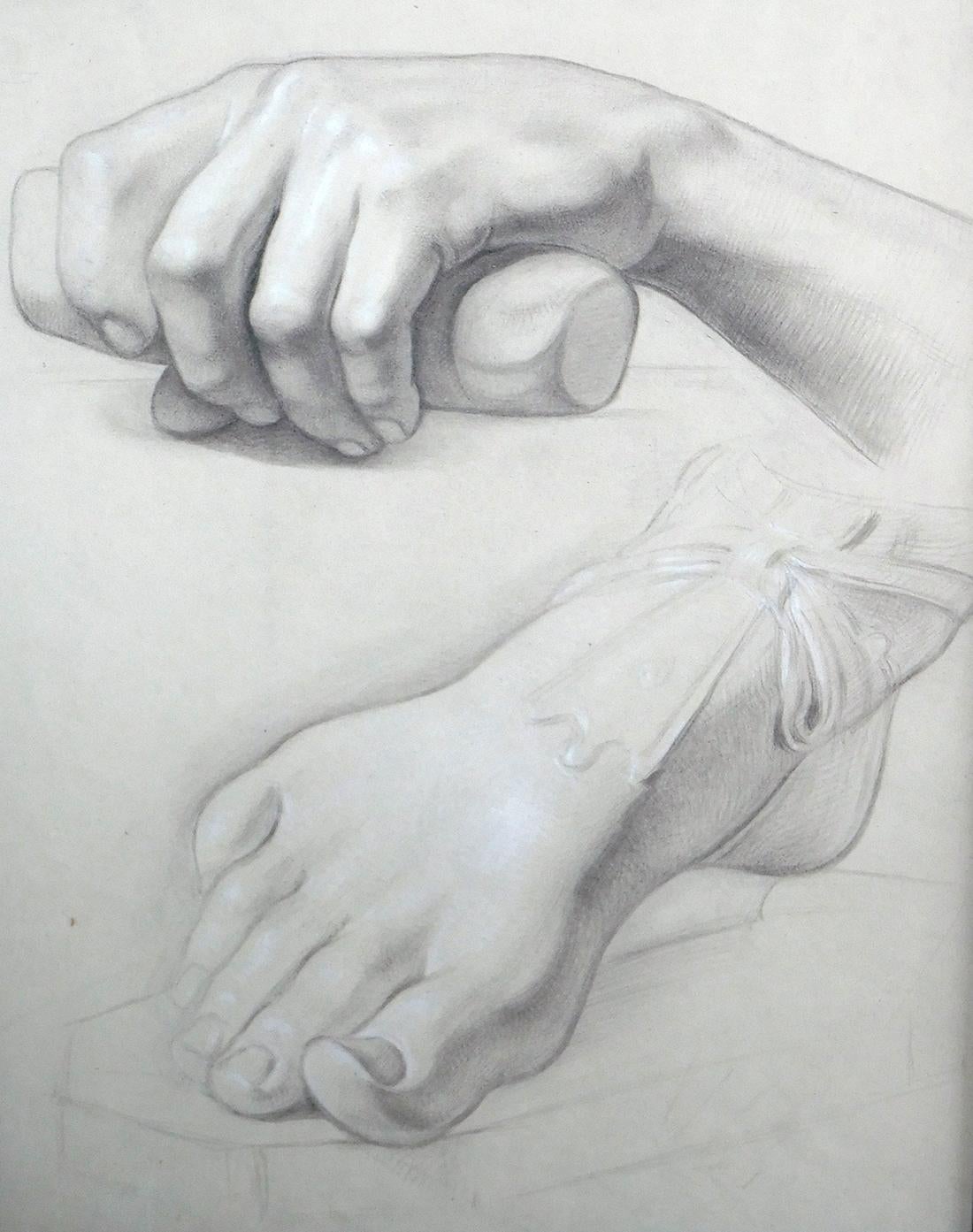 Early 20th Century Graphite on Paper Two Artist Studies of Hands and Extended Foot For Sale