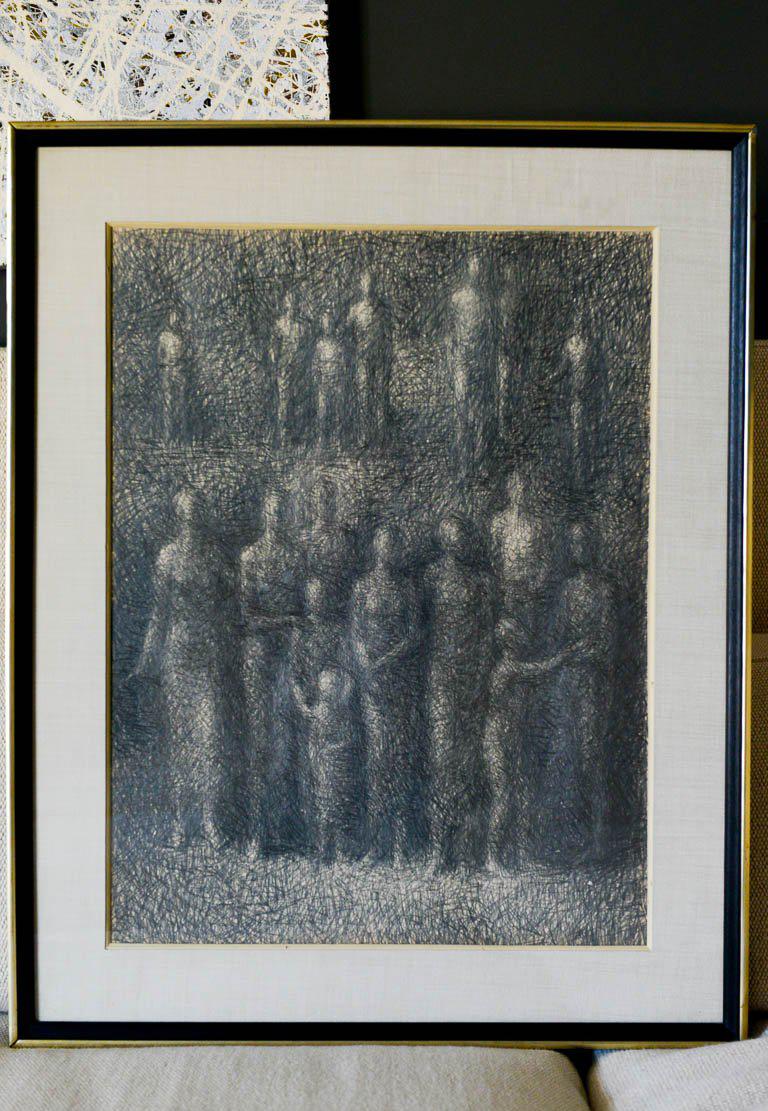 Graphite Sketch by California Artist Stevan Kissel, 'The Witnesses', circa 1970. Signed by the artist on reverse. Original frame and mat. Beautiful pencil on linen figural drawing.

Measures 25