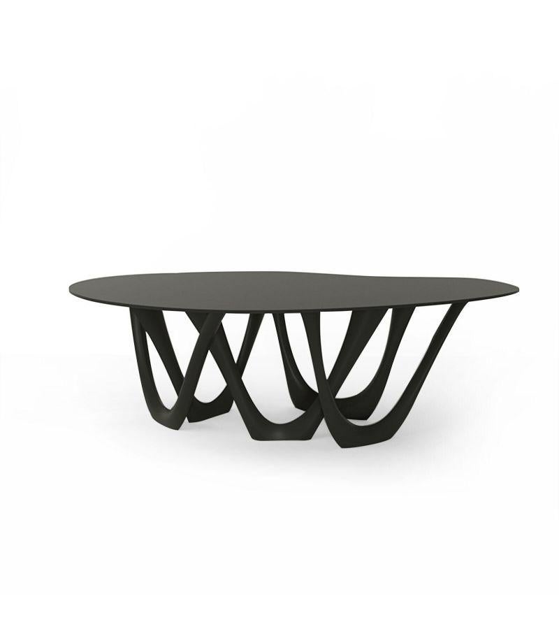 Graphite Steel G-Table by Zieta
Dimensions: D 110 x W 220 x H 75 cm 
Material: Carbon steel. 
Finish: Powder-Coated.
Available in colors: Beige, Black/Brown, Black glossy, Blue-grey, Concrete grey, Graphite, Gray Beige, Gray-Blue, Moss Grey, Olive