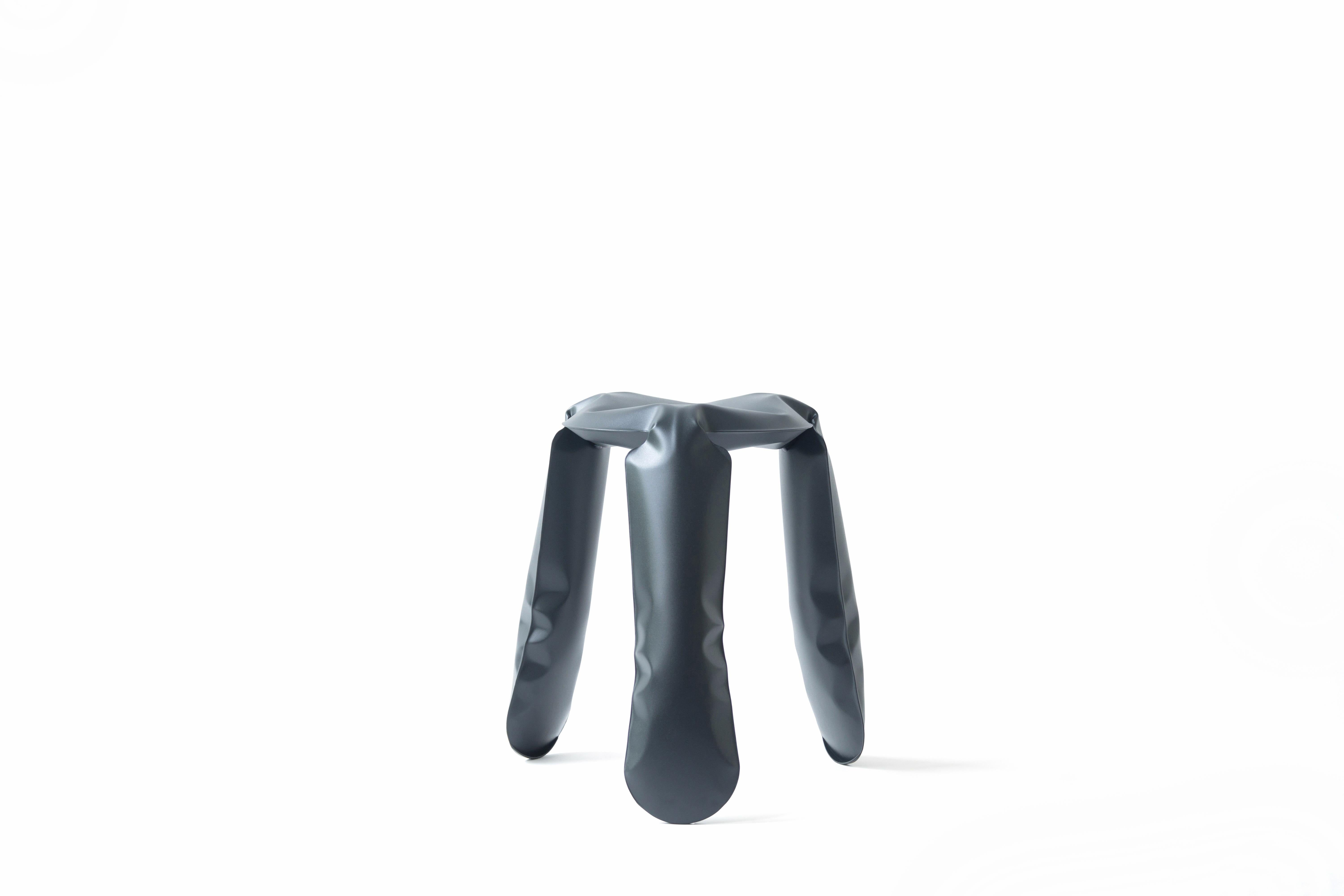 Graphite Steel Standard Plopp stool by Zieta
Dimensions: D 35 x H 50 cm 
Material: Carbon steel. 
Finish: Powder-coated. 
Available in colors: Graphite, Moss Grey, Umbra Grey, Beige Grey, Blue Grey. Available in Stainless Steel, Aluminum, and Carbon