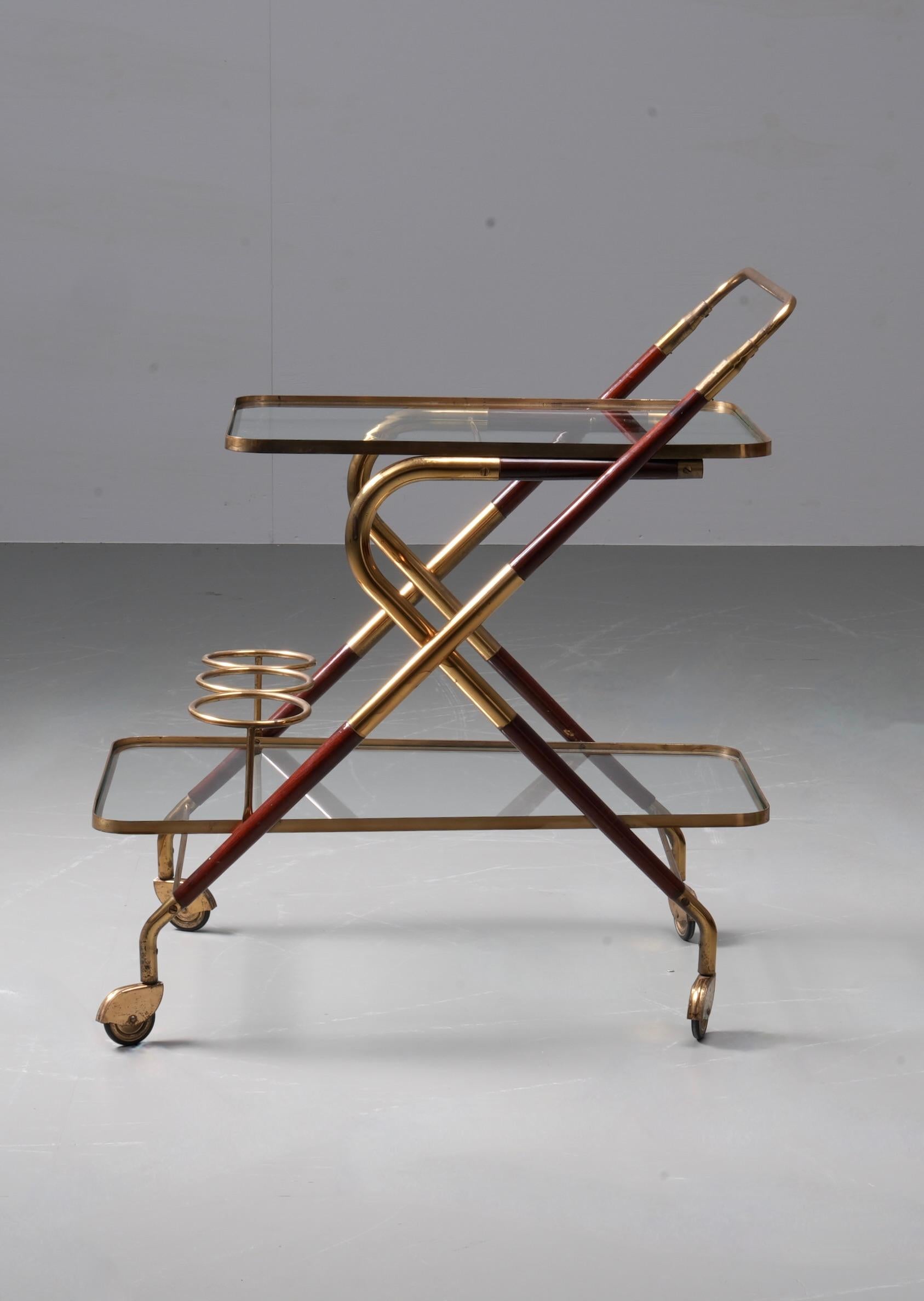 Carrito Grappa de Cesare Lacca en cristal, latón y metal. Italia, años 50 en Bueno estado para la venta en Uithoorn, NL