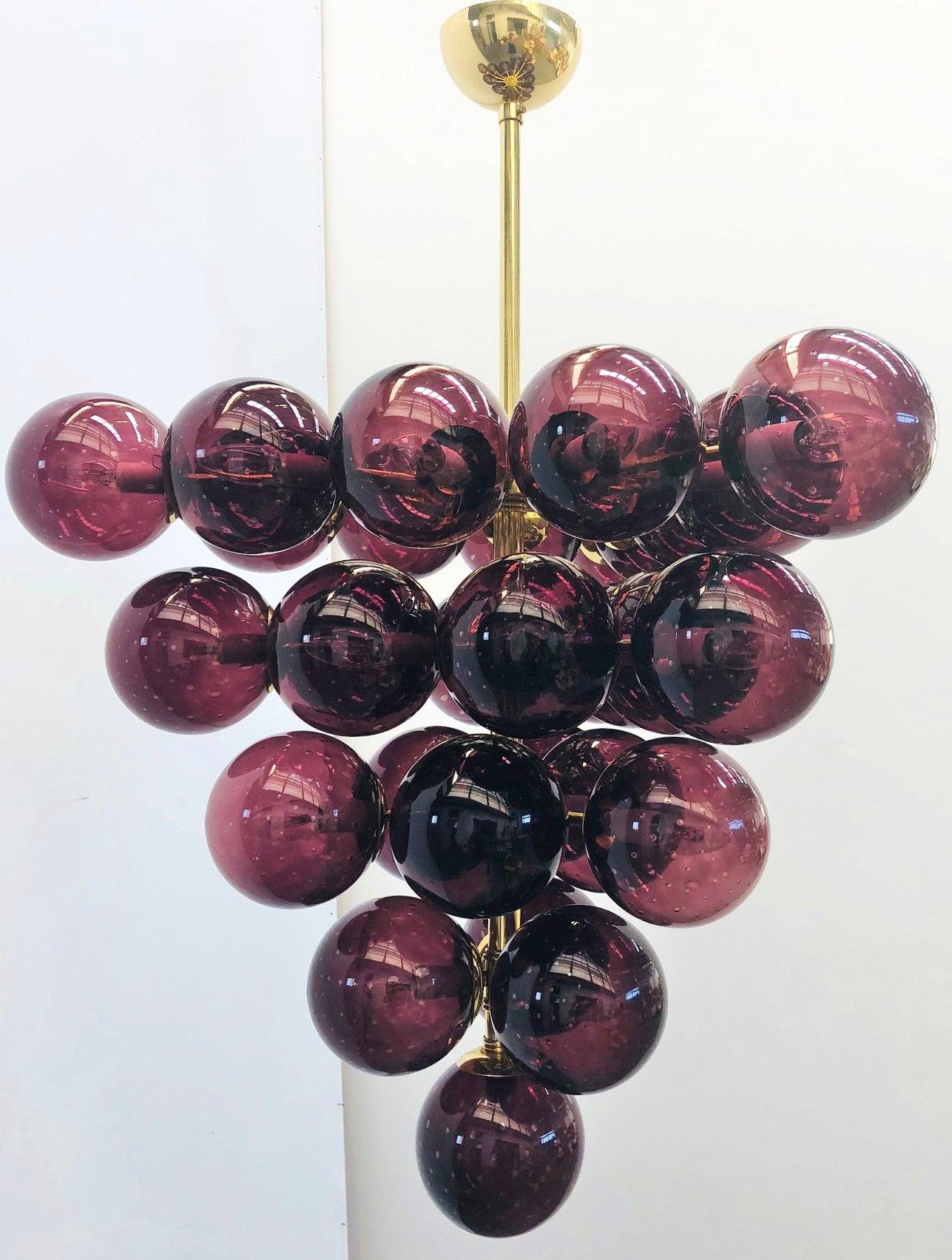 Italian chandelier with Amethyst Murano glass globes hand blown with bubbles inside the glass using Bollicine technique, mounted on polished brass frame / Designed by Fabio Bergomi for Fabio Ltd / Made in Italy
31-light / E12 or E14 type / max 40W