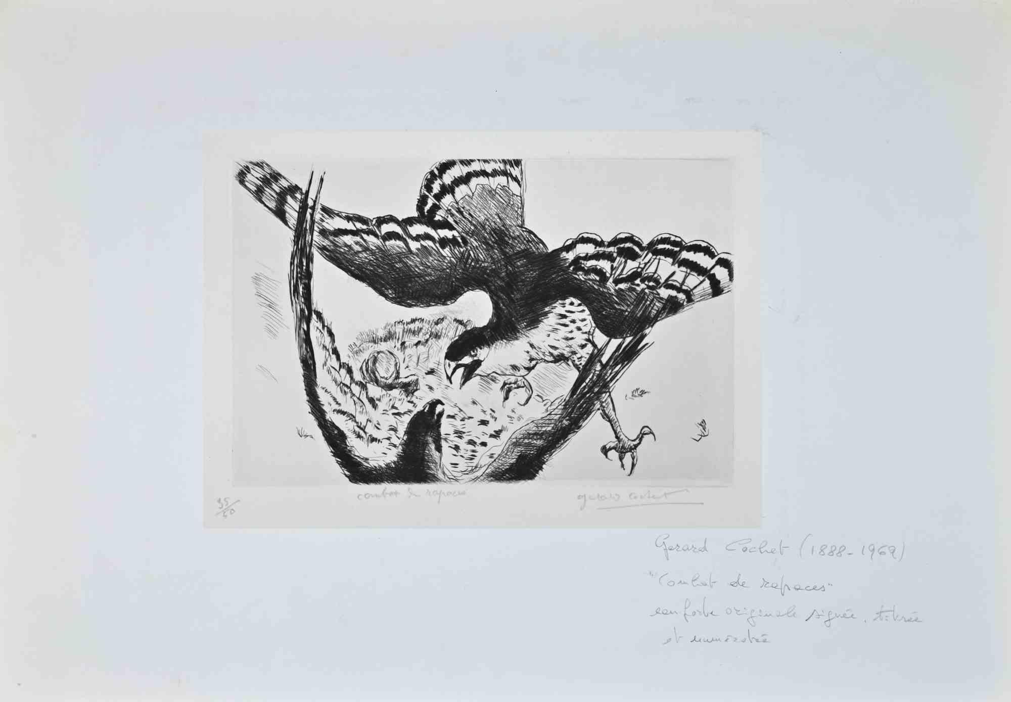 Fight is an original etching realized by Gérard Cochet in the Early 20th Century.

Good conditions.

Hand-signed.

Numbered. Edition,35/50.

The artwork is depicted through soft strokes in a well-balanced composition.