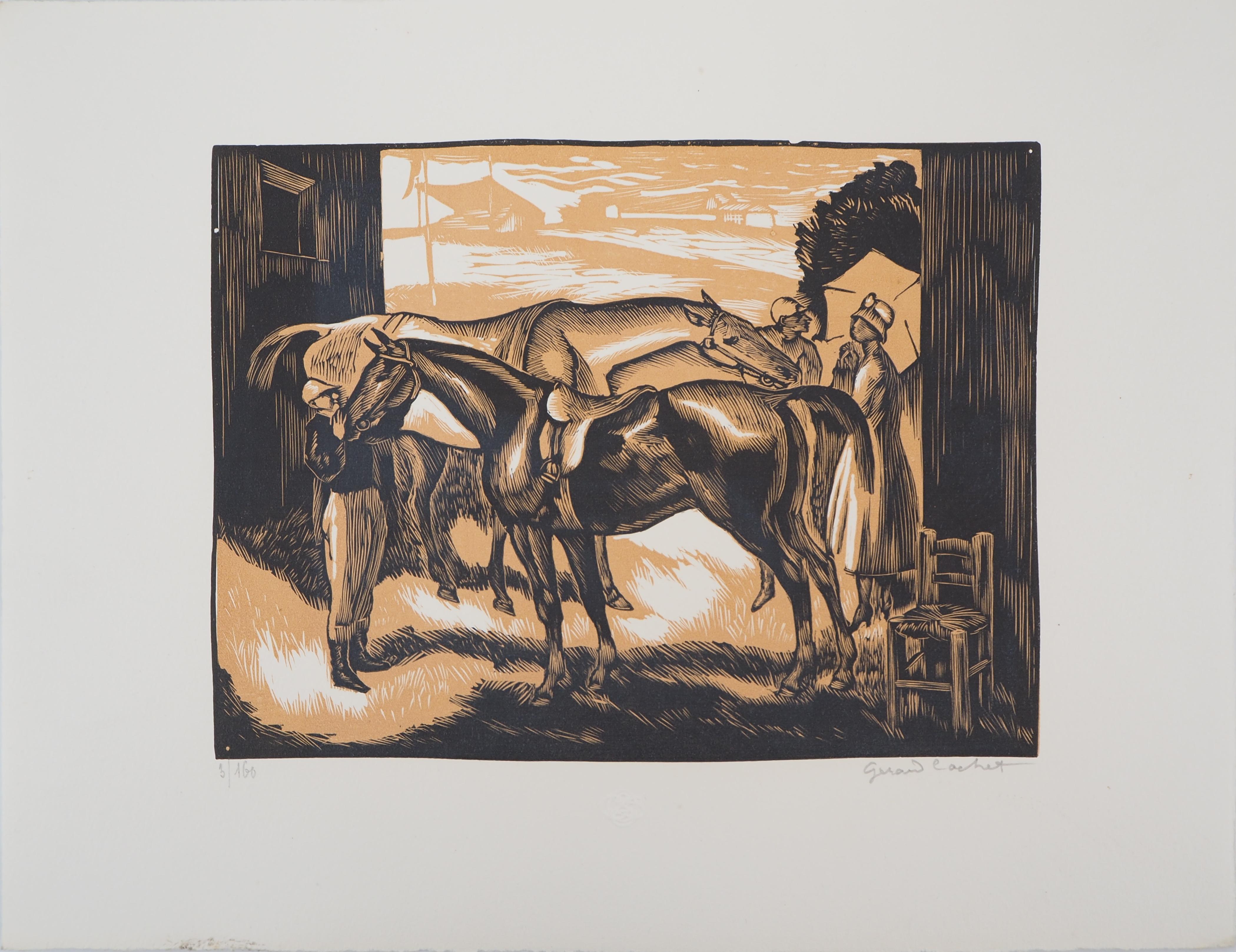 Horses before the race (Weighing - Original wooodcut, Handsigned & numbered /160 - Print by Gérard Cochet