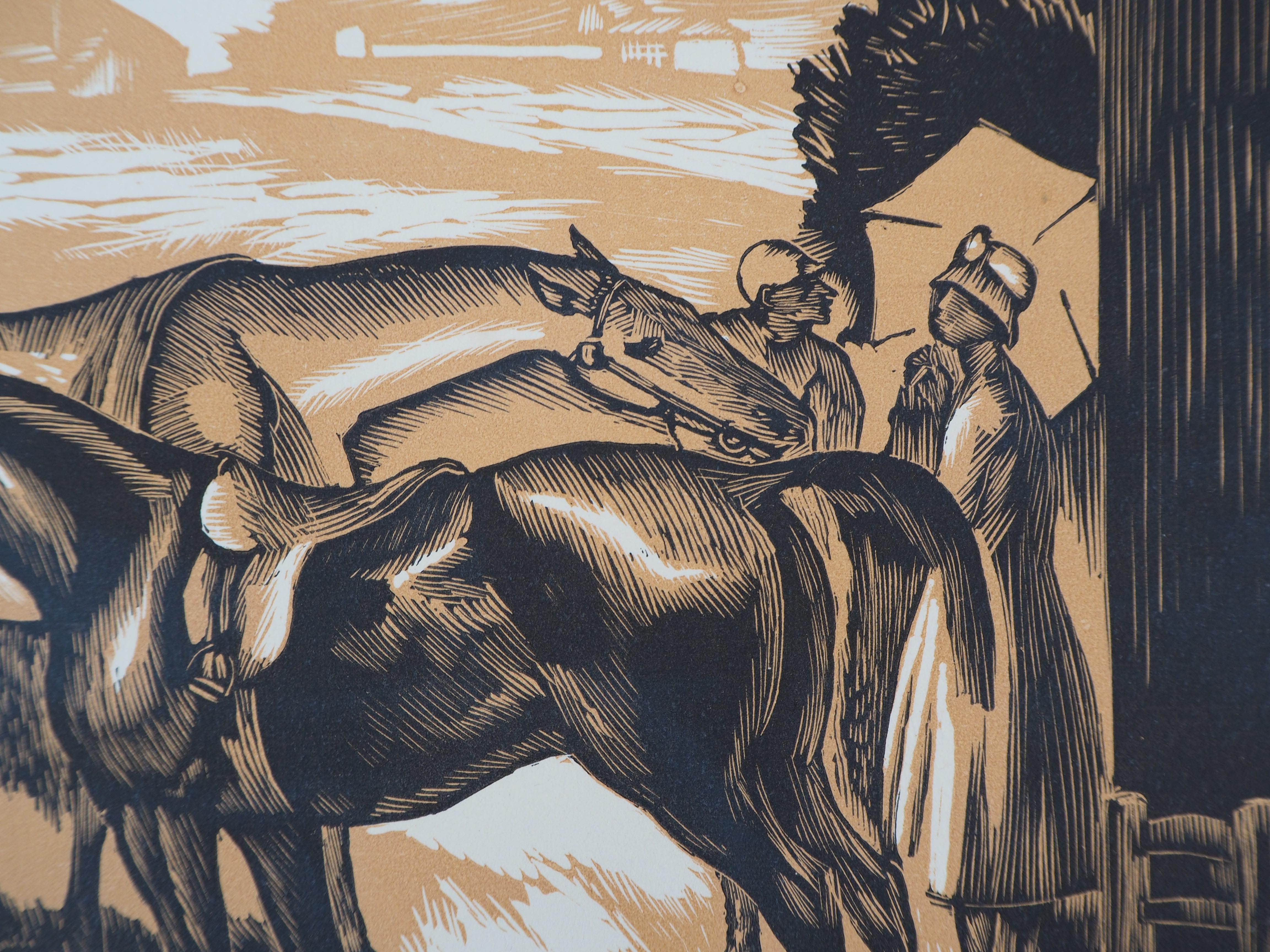 Horses before the race (Weighing - Original wooodcut, Handsigned & numbered /160 - Modern Print by Gérard Cochet