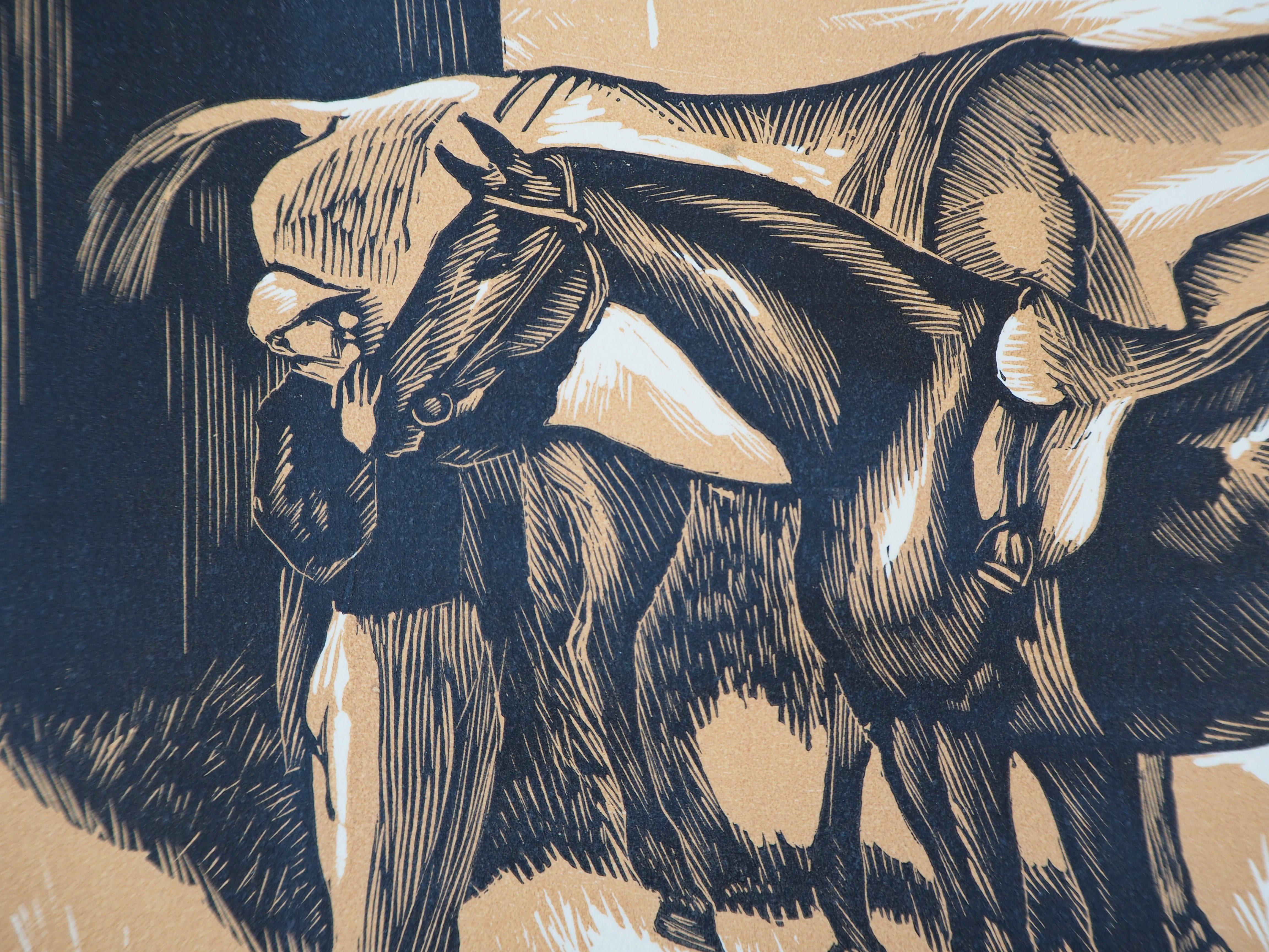Horses before the race (Weighing - Original wooodcut, Handsigned & numbered /160 - Black Animal Print by Gérard Cochet