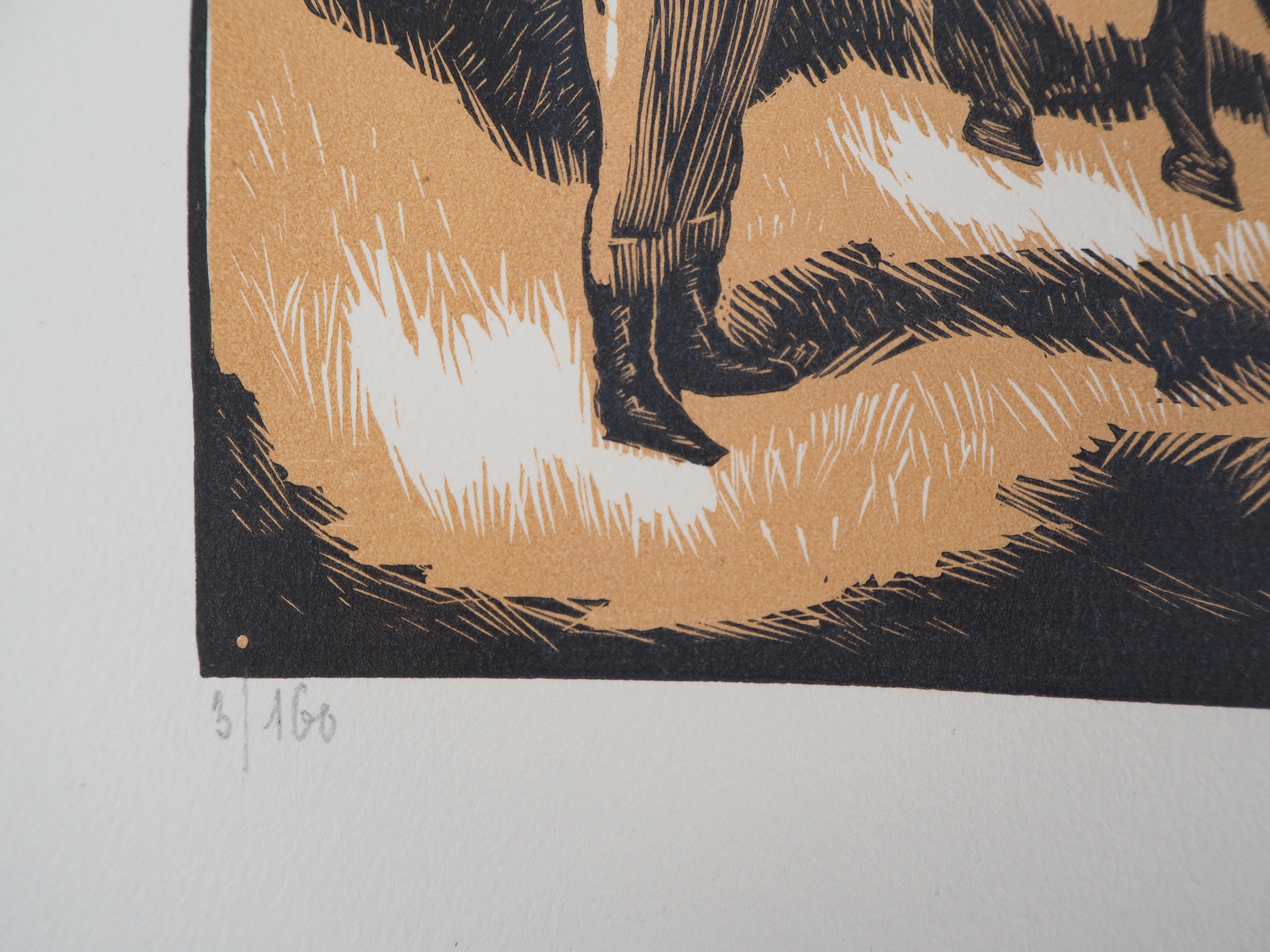 Gérard COCHET (1888-1969)
Horses before the race (Weighing), 1926

Original woodcut
Handsigned in pencil
Numbered /160
On vellum 32.5 x 25.5 cm (c. 13 x 10 in)
Bears the blind stamp of the editor 'Imagier de la Gravure sur Bois' (Lugt