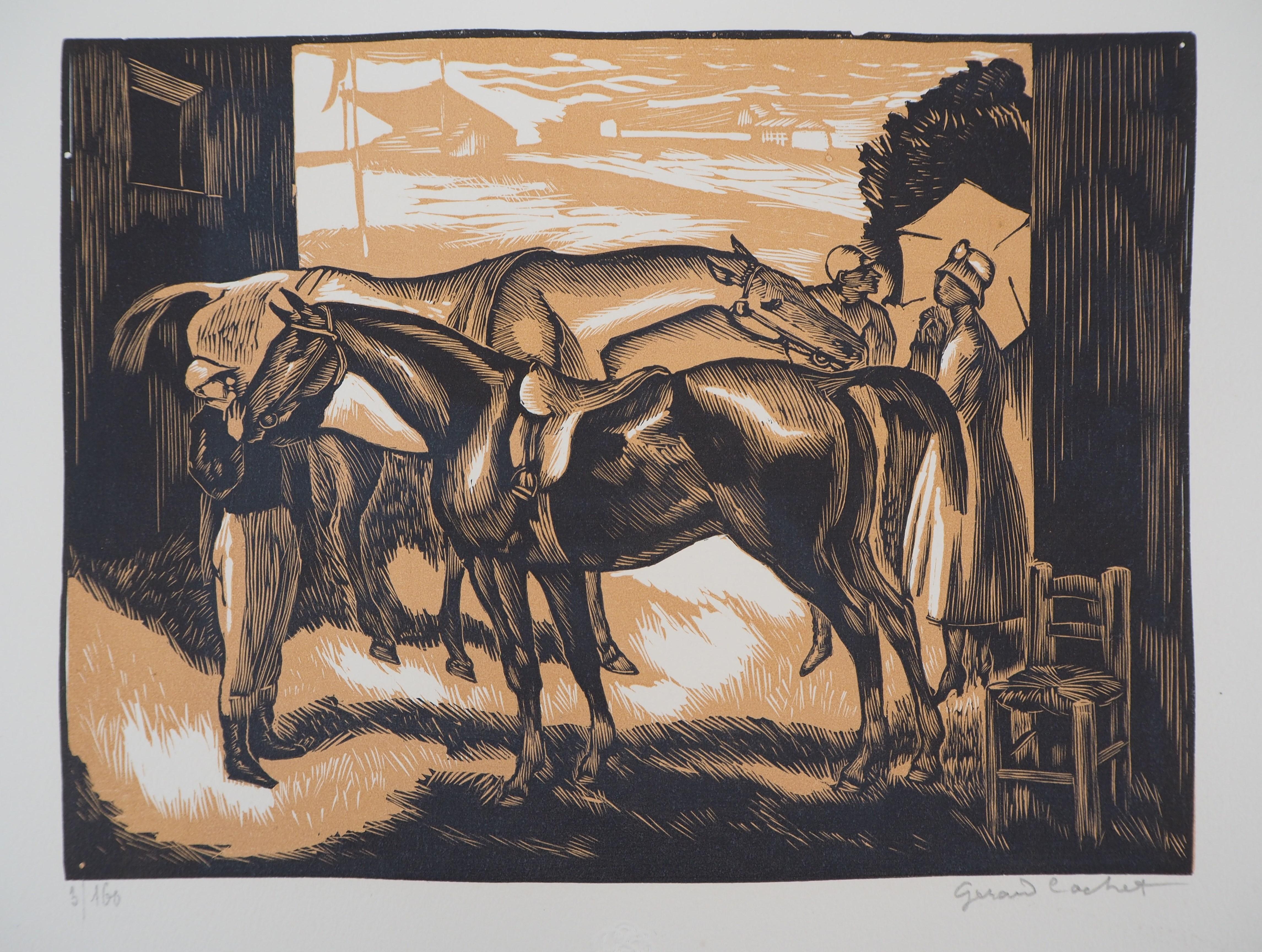 Gérard Cochet Animal Print - Horses before the race (Weighing - Original wooodcut, Handsigned & numbered /160