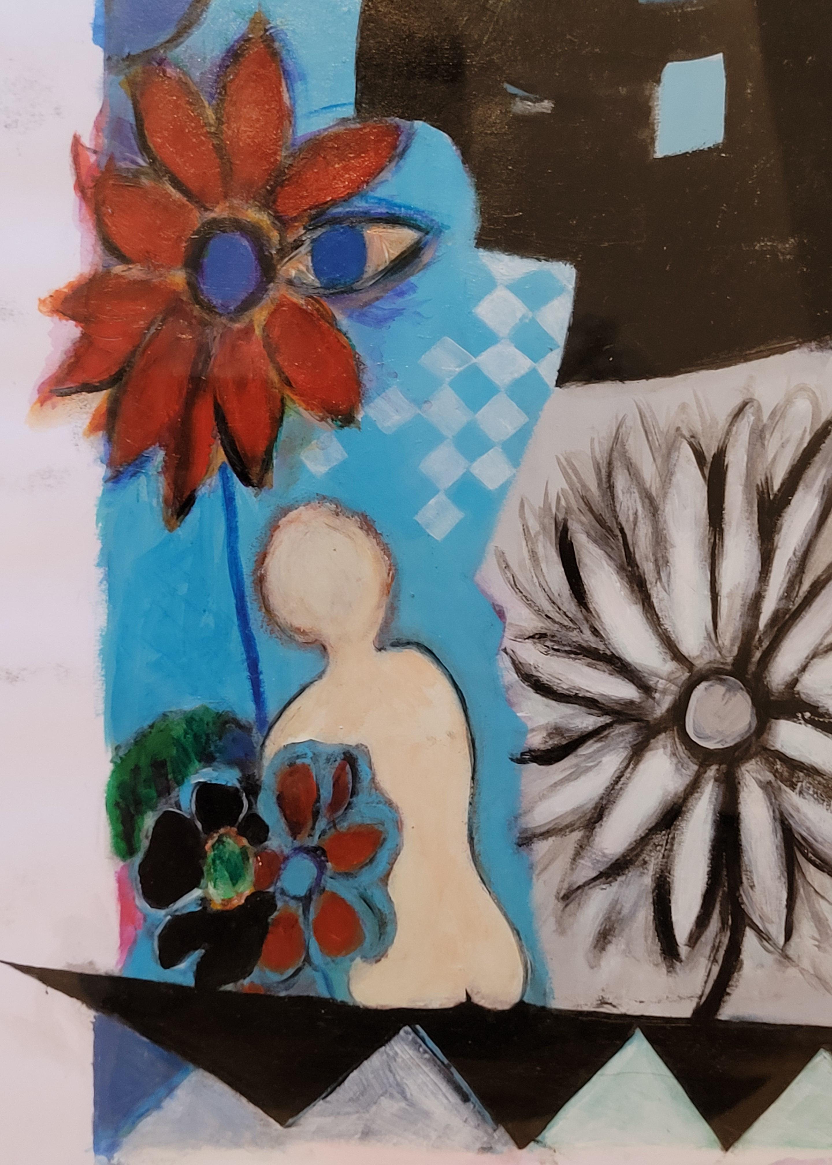 Zeitgenössische bunte abstrakte Acryl und Pastell. Still-Leben der Blumen. im Angebot 6