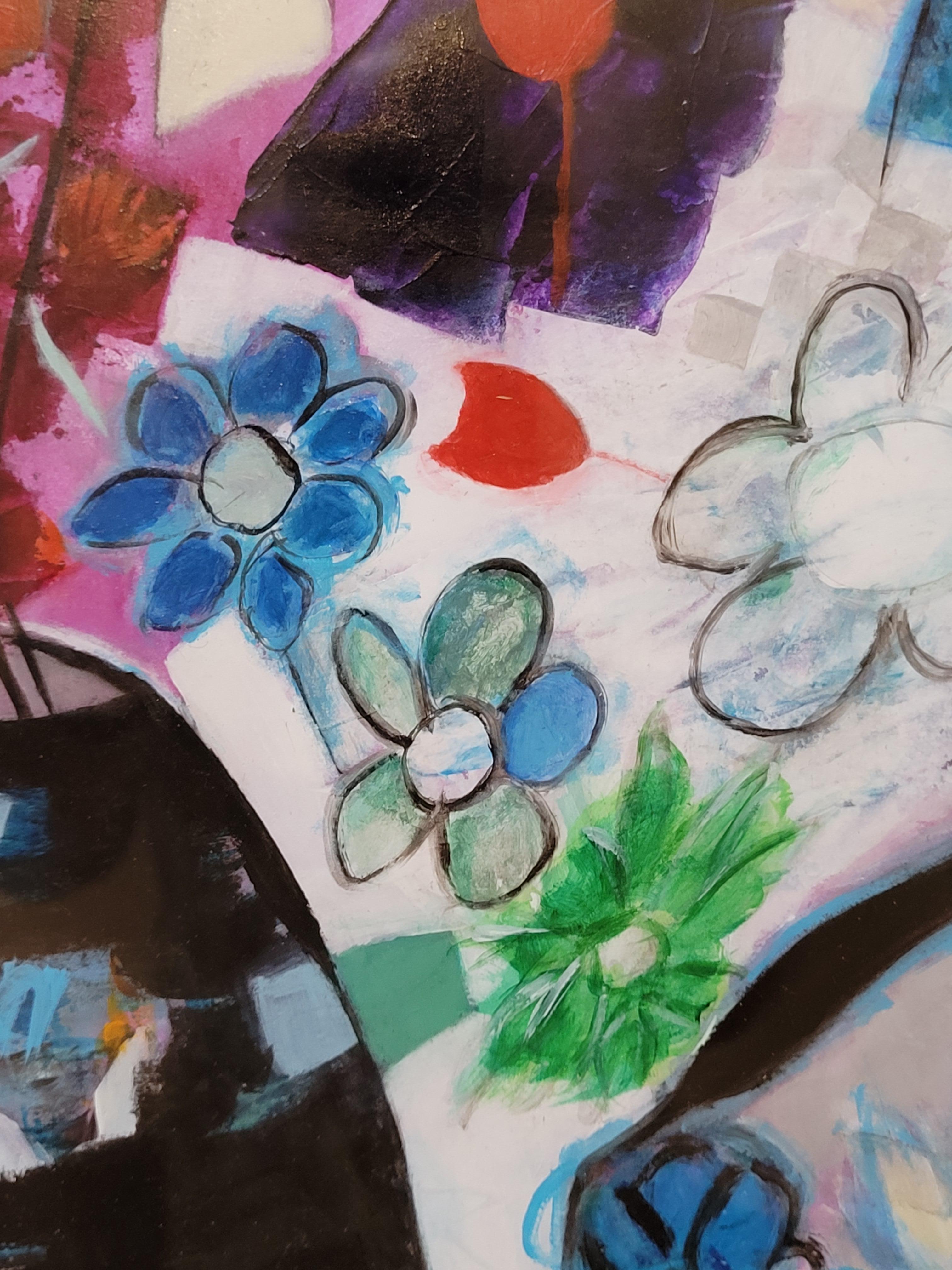 Zeitgenössische bunte abstrakte Acryl und Pastell. Still-Leben der Blumen. im Angebot 7