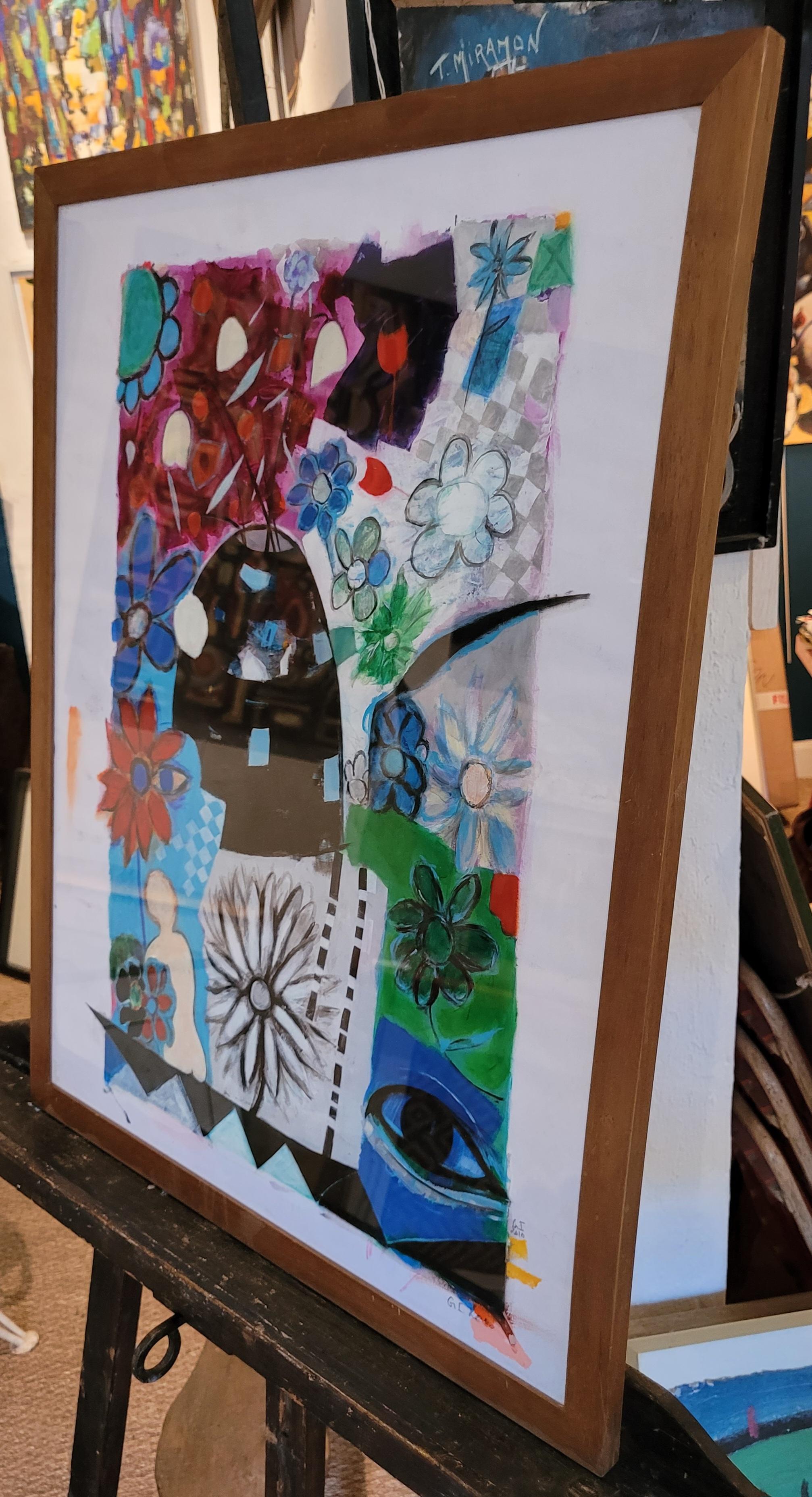 Zeitgenössische bunte abstrakte Acryl und Pastell. Still-Leben der Blumen. im Angebot 8