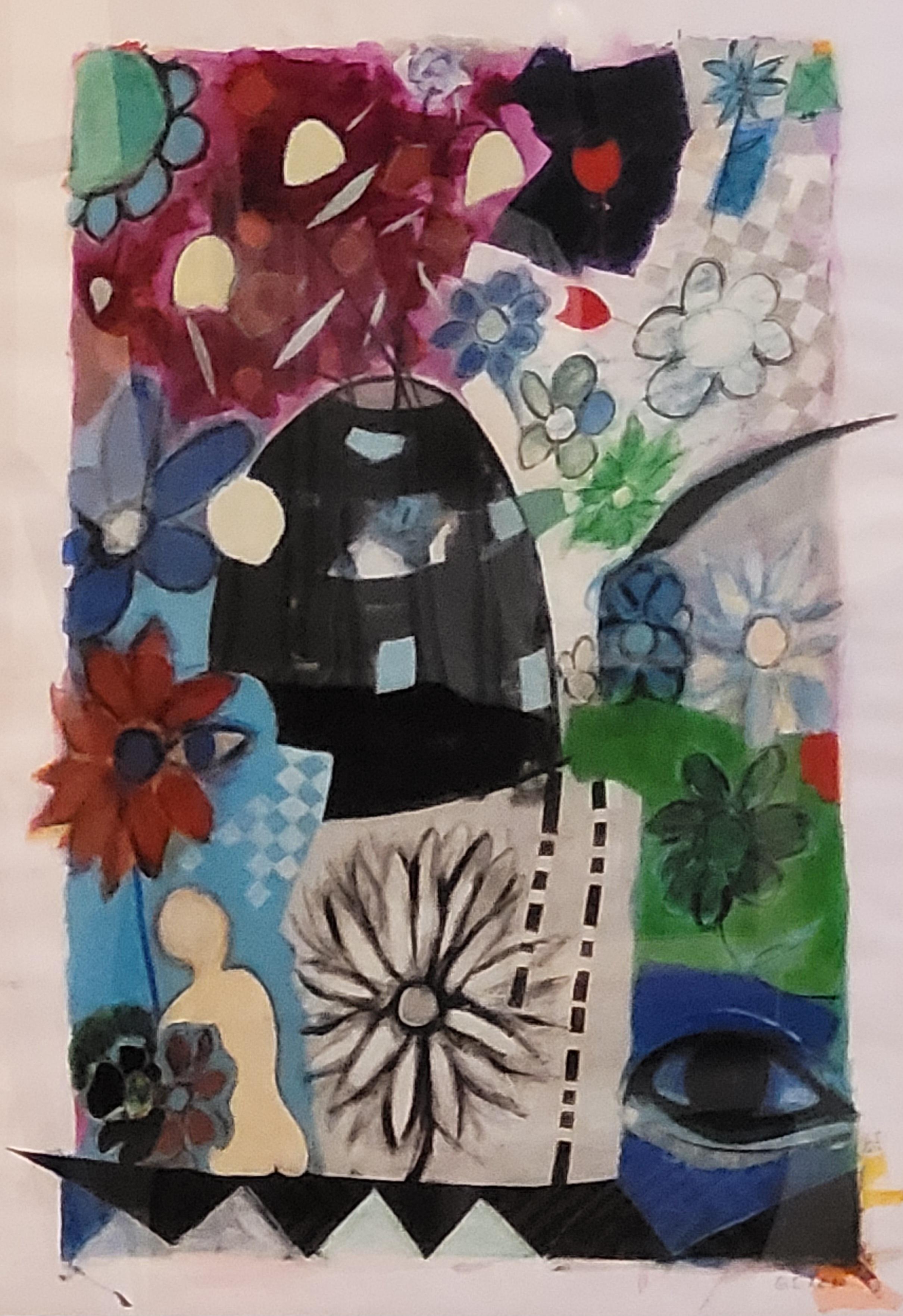 Zeitgenössische bunte abstrakte Acryl und Pastell. Still-Leben der Blumen. – Painting von Gérard Israel