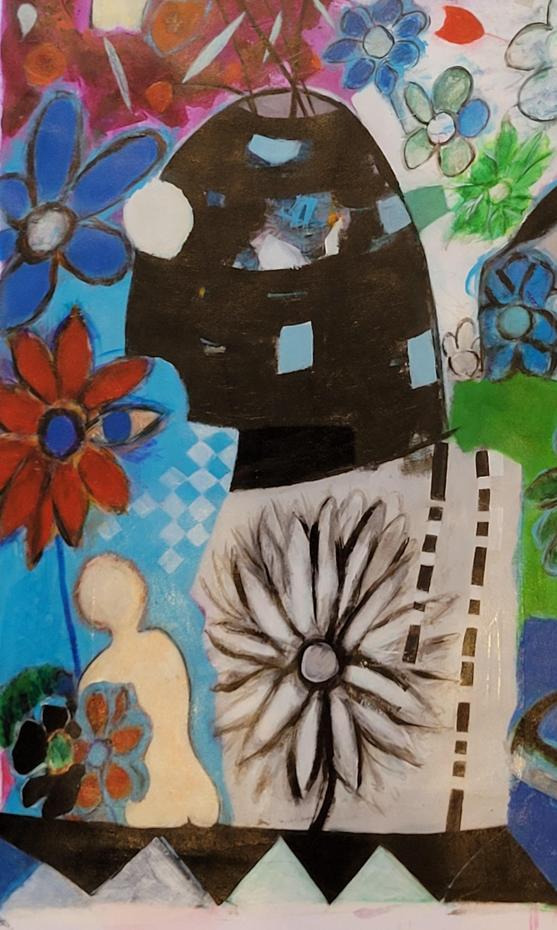 Zeitgenössische bunte abstrakte Acryl und Pastell. Still-Leben der Blumen. (Grau), Abstract Painting, von Gérard Israel