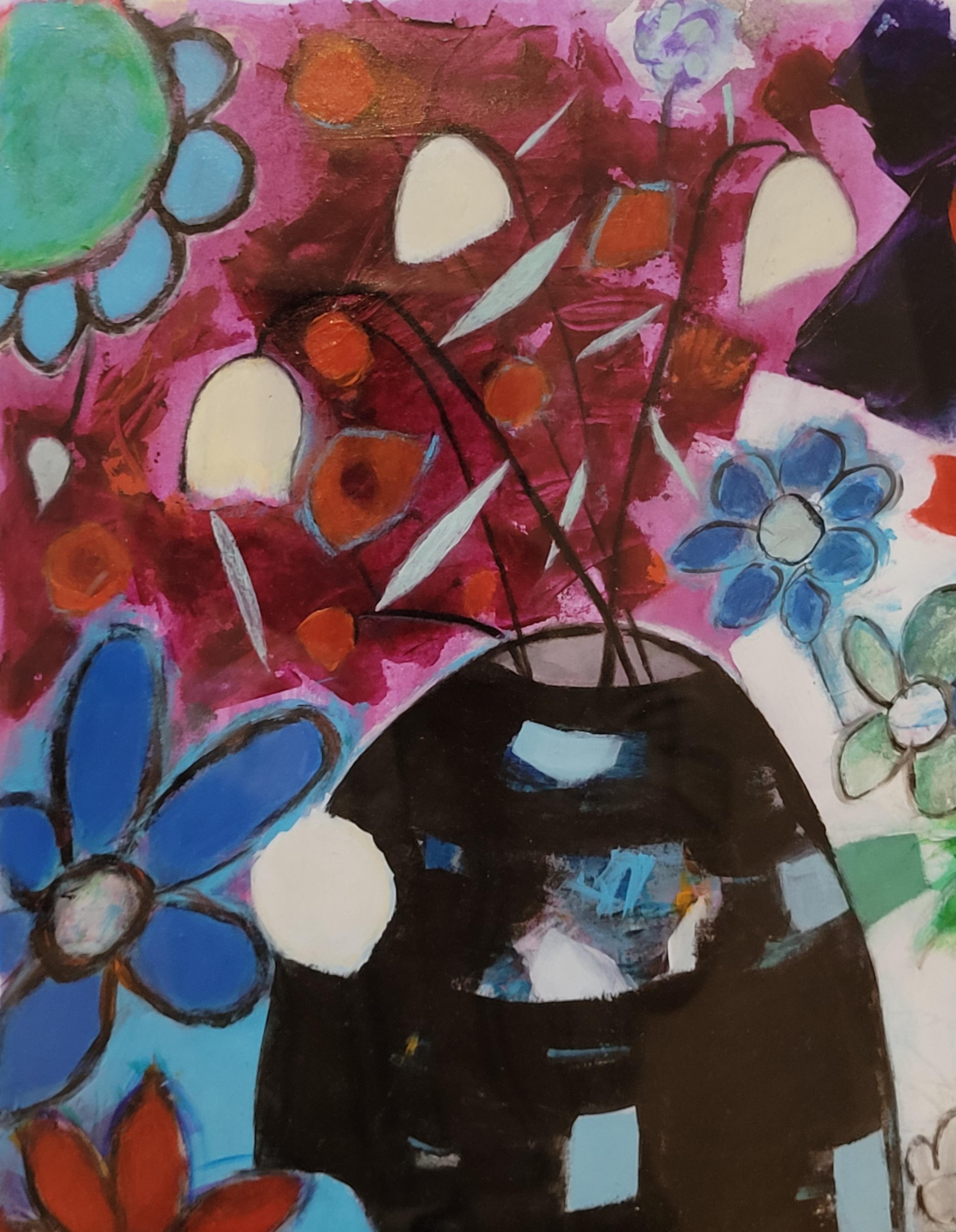 Ein zeitgenössisches abstraktes Blumenstillleben in einer Vase des französischen Künstlers Gérard Israel. Präsentiert in einem Holzrahmen unter Glas.

Dieses lebendige Kunstwerk kombiniert meisterhaft verschiedene Medien zu einem auffälligen