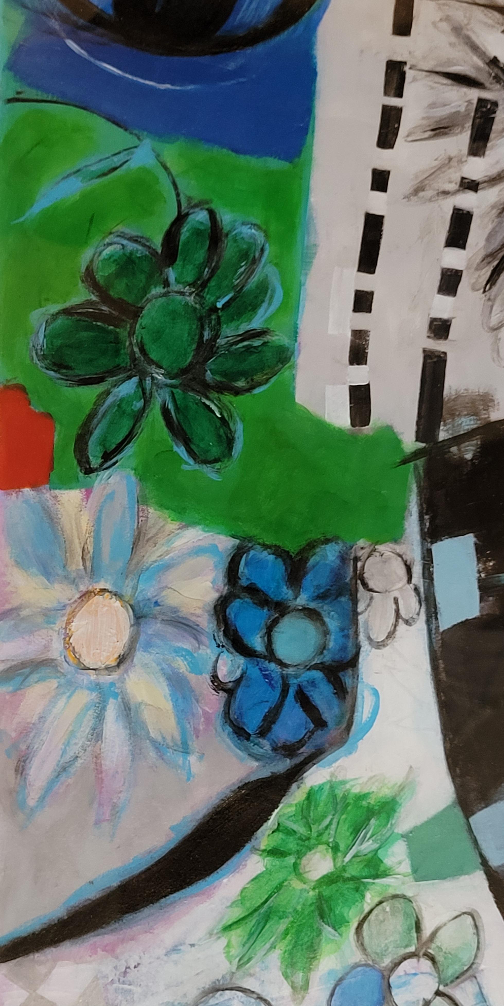 Zeitgenössische bunte abstrakte Acryl und Pastell. Still-Leben der Blumen. im Angebot 3