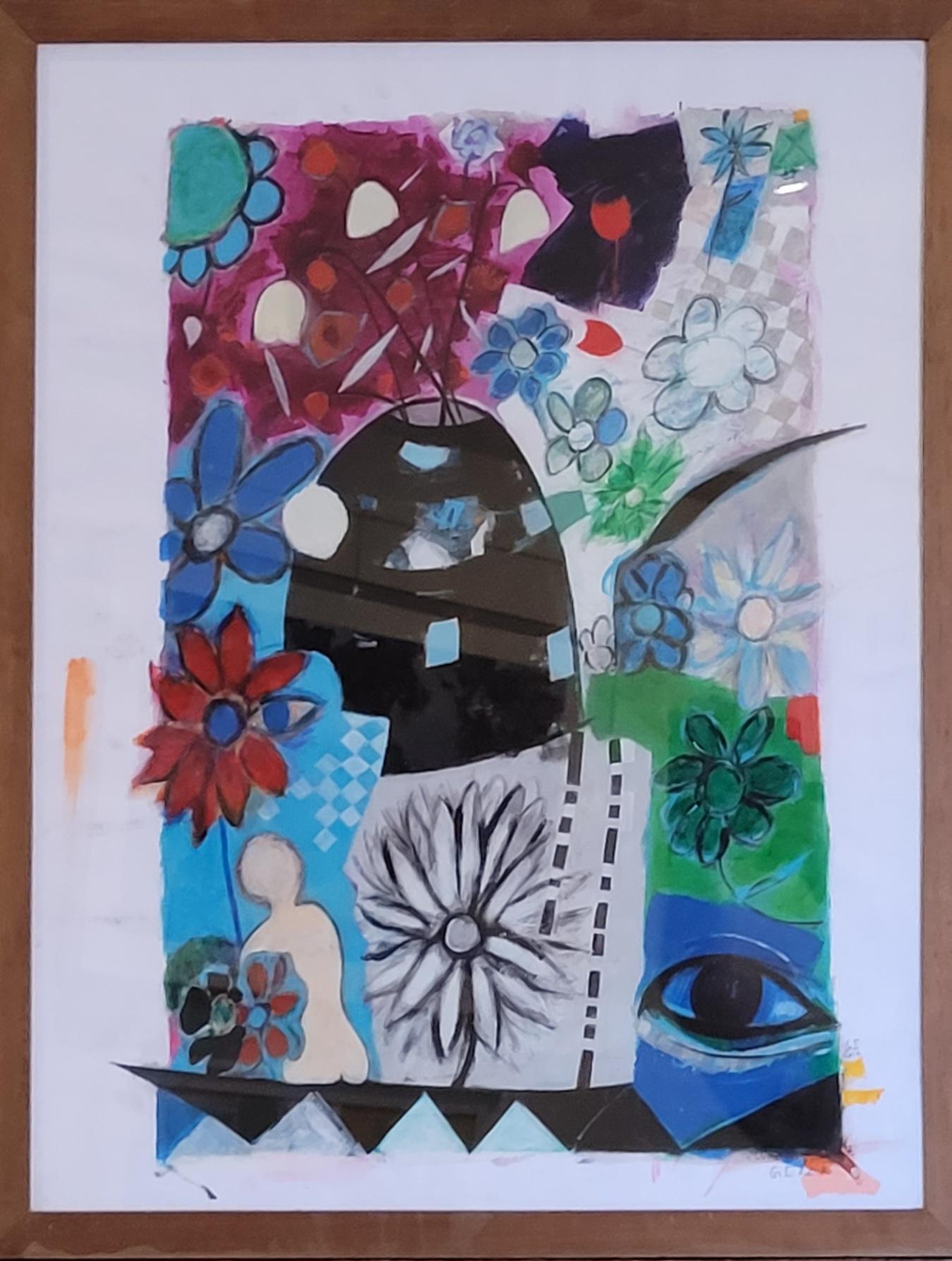 Zeitgenössische bunte abstrakte Acryl und Pastell. Still-Leben der Blumen.