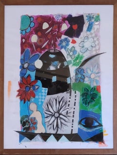 Contemporary Colorful Abstract Acrylic and Pastel. Still-Life of Flowers.