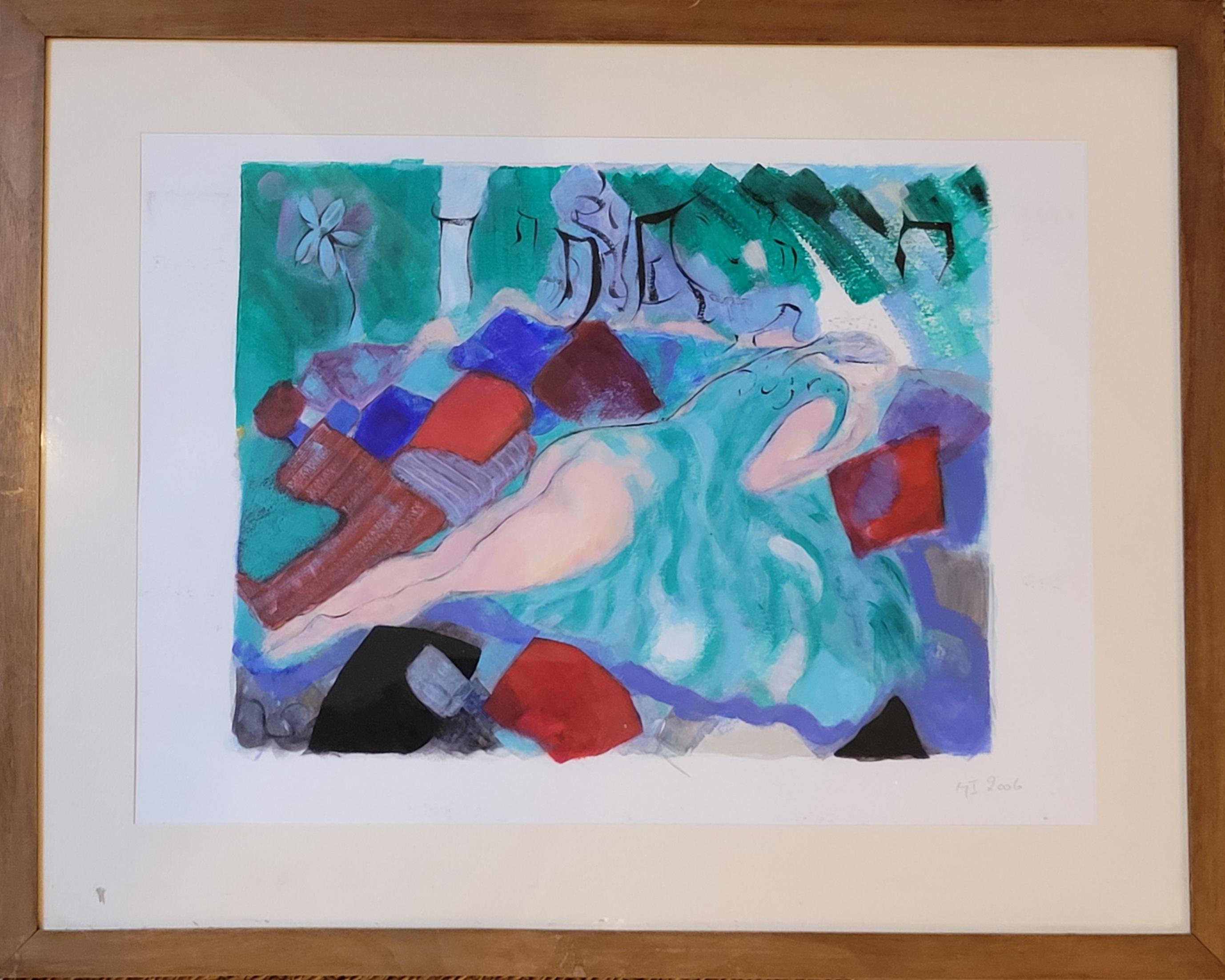 Nu féminin contemporain coloré en pose à l'acrylique et au pastel. - Painting de Gérard Israel