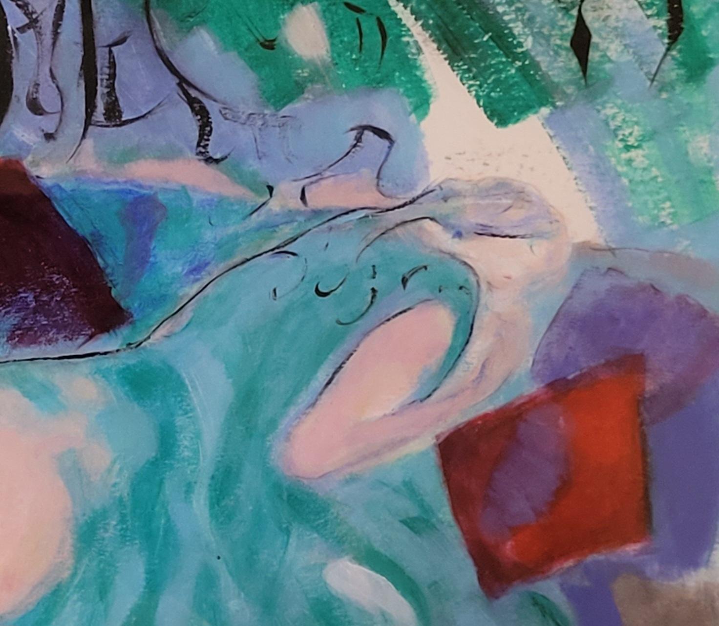 Nu féminin contemporain coloré en pose à l'acrylique et au pastel. - Bleu Figurative Painting par Gérard Israel