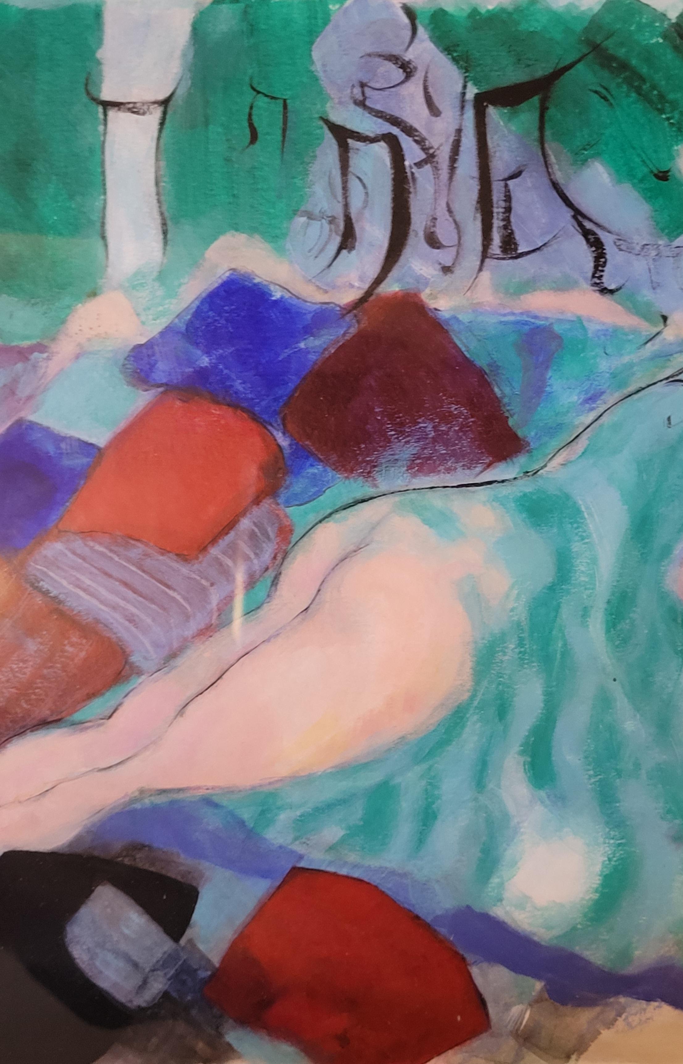 Nu contemporain coloré en pose de l'artiste français Gérard Israël. Présenté dans un cadre en bois sous verre.

Cette œuvre d'art intrigante capte le spectateur par son utilisation vive de la couleur et des formes abstraites. Dominée par une figure