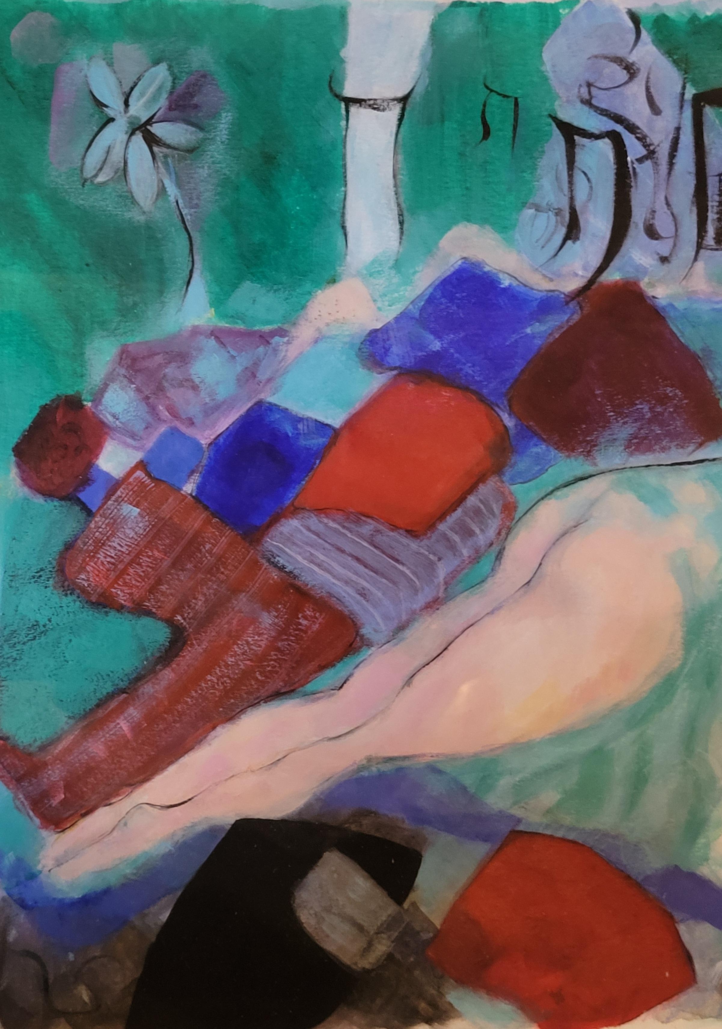 Nu féminin contemporain coloré en pose à l'acrylique et au pastel. en vente 1