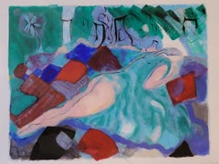 Nu féminin contemporain coloré en pose à l'acrylique et au pastel.