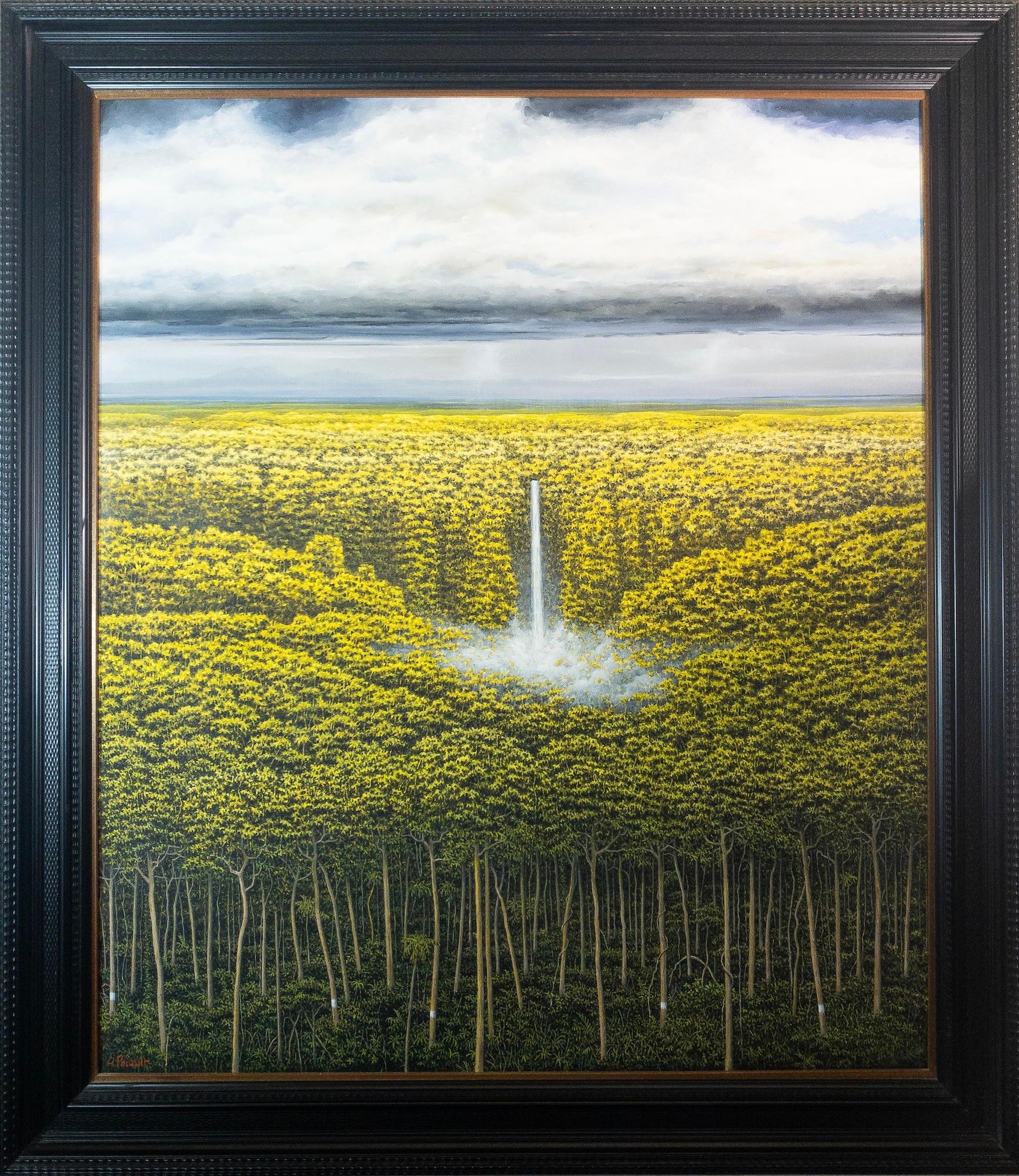 The Border von Gérard Priault, Tropenwaldgemälde, Landschaft mit Wasserfall im Angebot 1