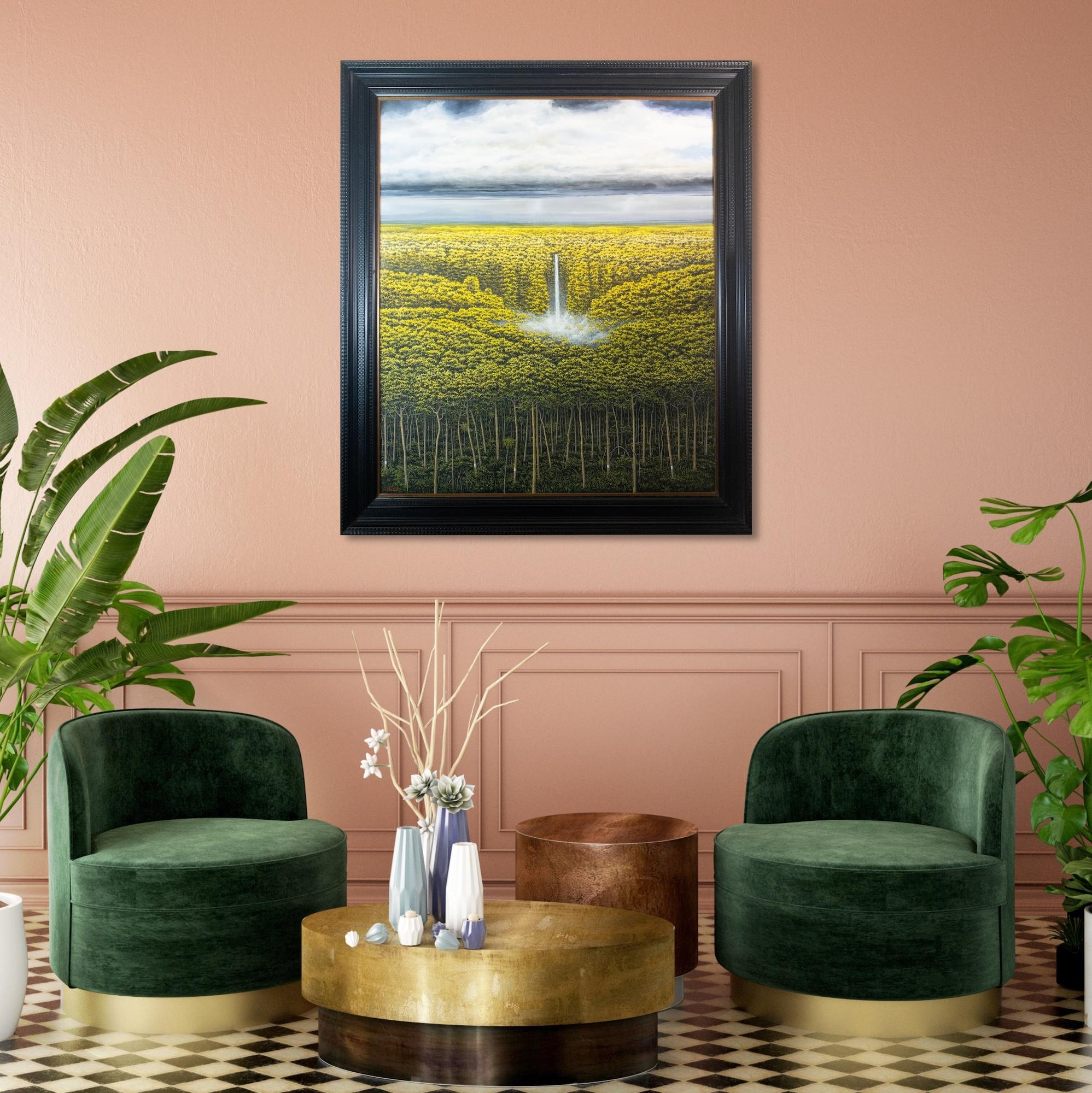 The Border von Gérard Priault, Tropenwaldgemälde, Landschaft mit Wasserfall im Angebot 2