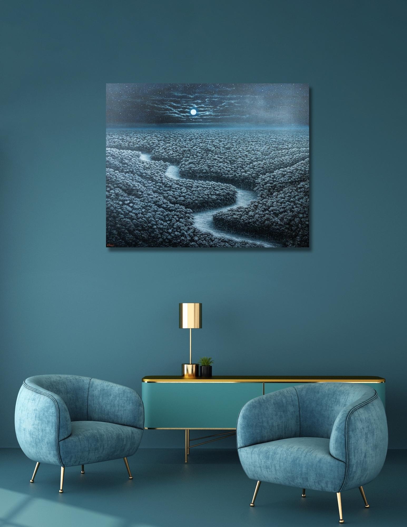The Celestial River by Gérard Priault - Tropical rainforest painting, landscape For Sale 4