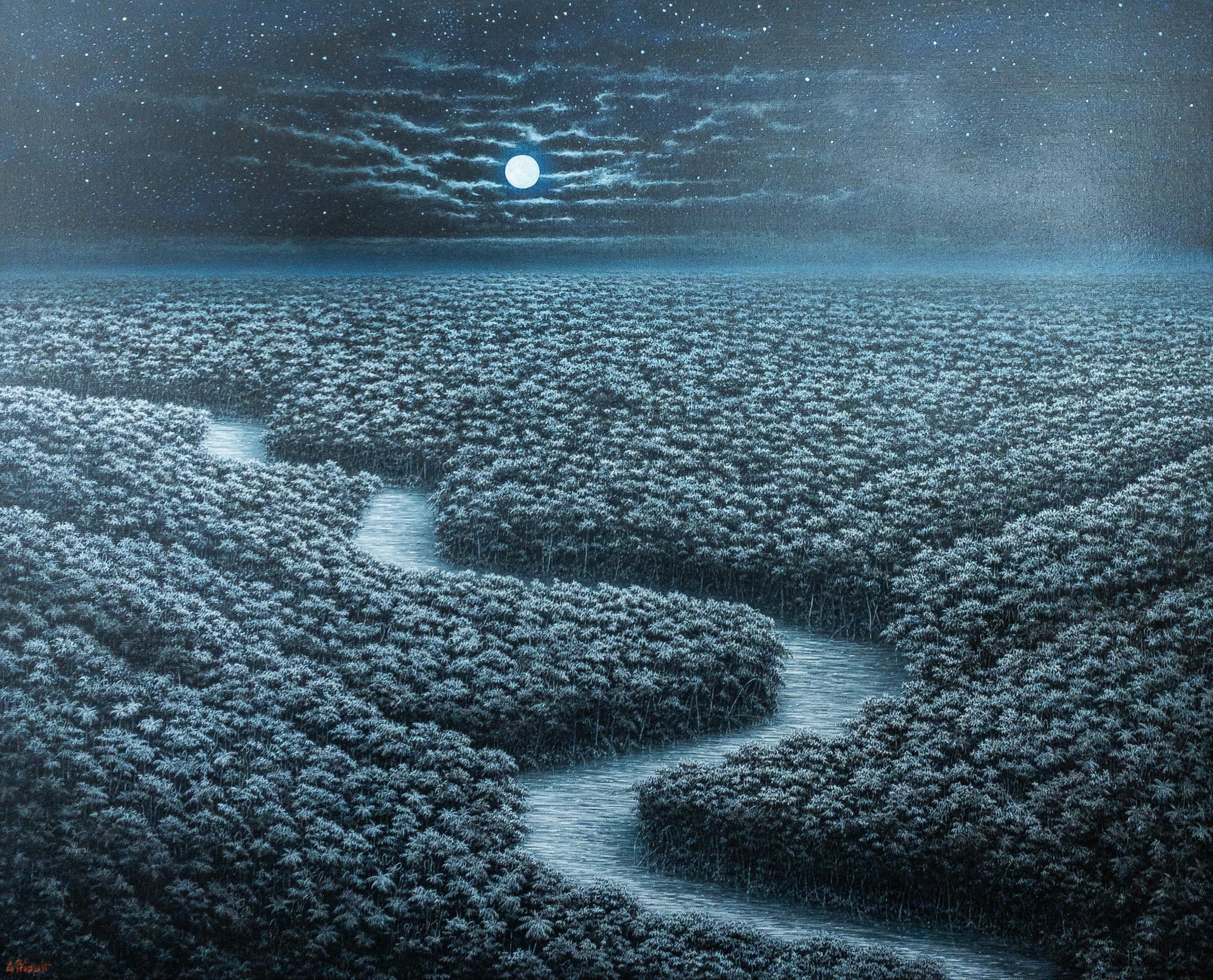 The Celestial River is a unique oil on canvas painting by contemporary artist Gérard Priault, dimensions are 81 × 100 cm (31.9 × 39.4 in). 
The artwork is signed, sold unframed and comes with a certificate of authenticity. 

This landscape stands