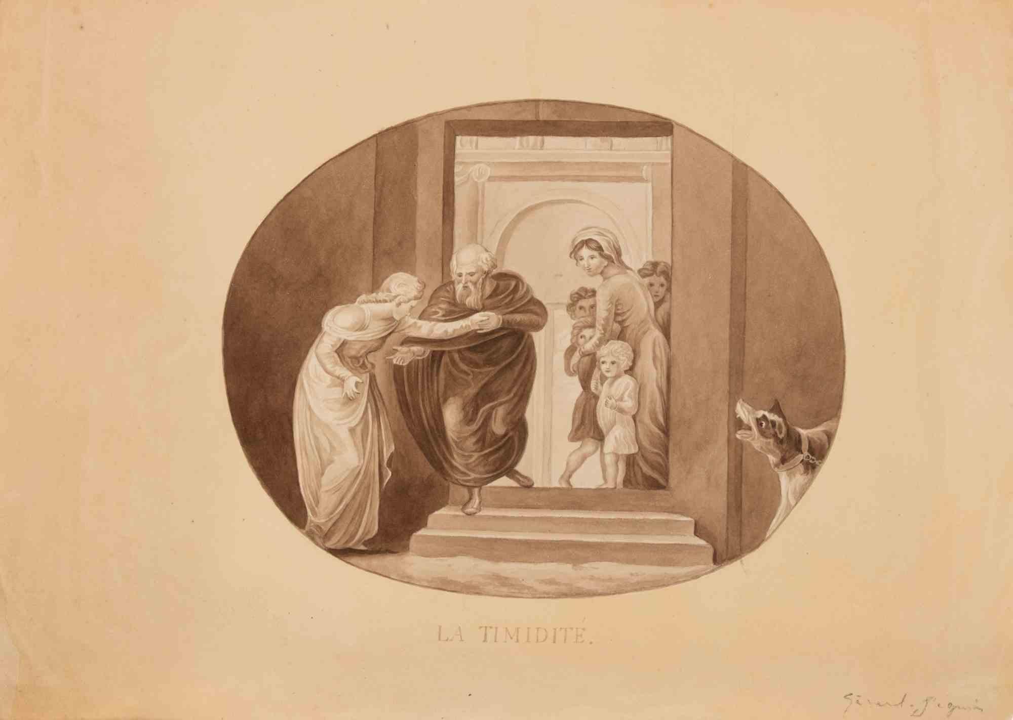 Lithograph on paper.

Signed in the plte.

A delicate and rare lithograph by Gérard Séguin, showcasing his refined neoclassical style and allegorical sensibility. The composition, framed within an oval, depicts a young woman timidly greeted by an