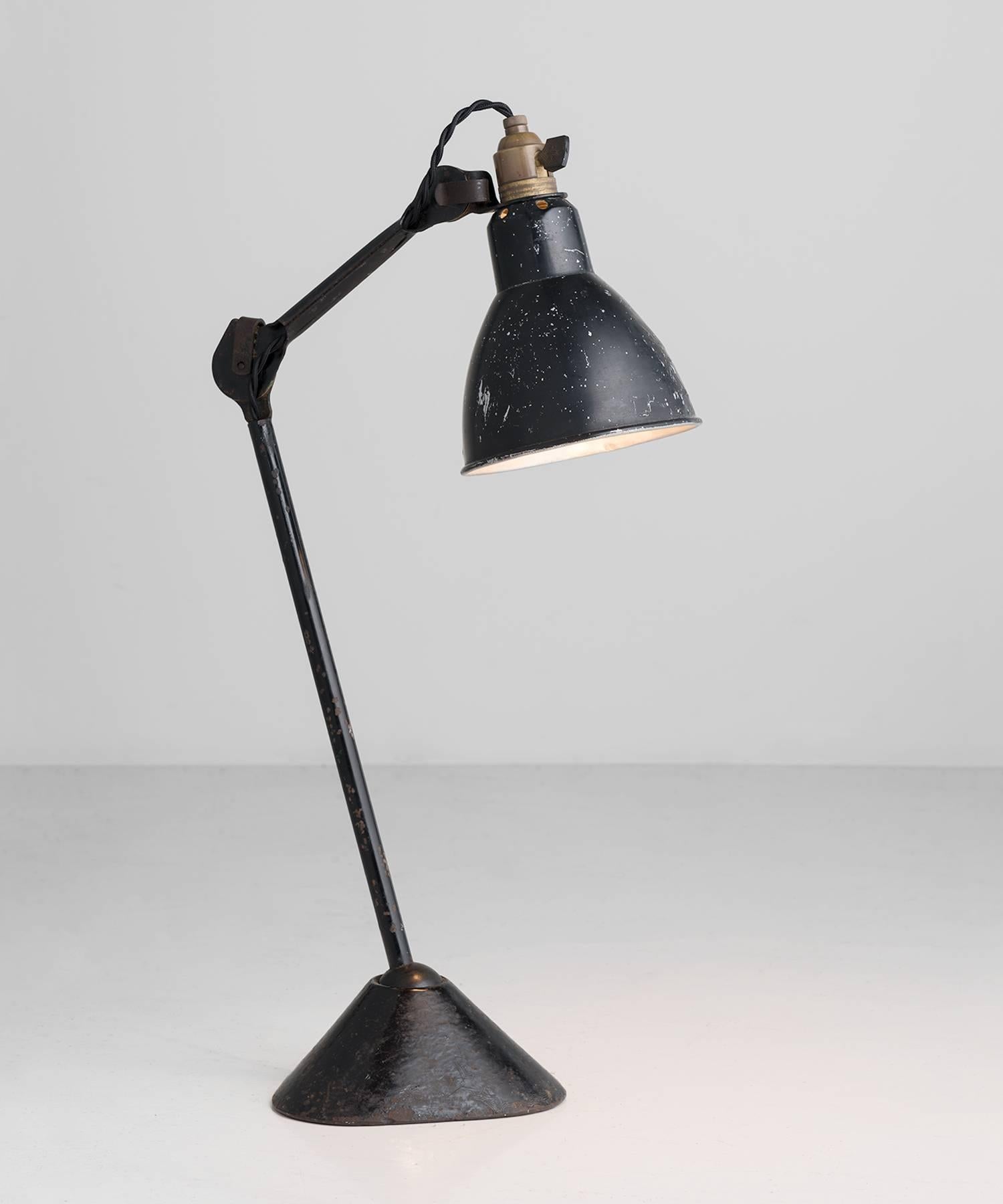 Gras lamp No. 205, circa 1930.

Iconic design by Bernard-Albin Gras features a cast steel frame with three points of adjustment.
