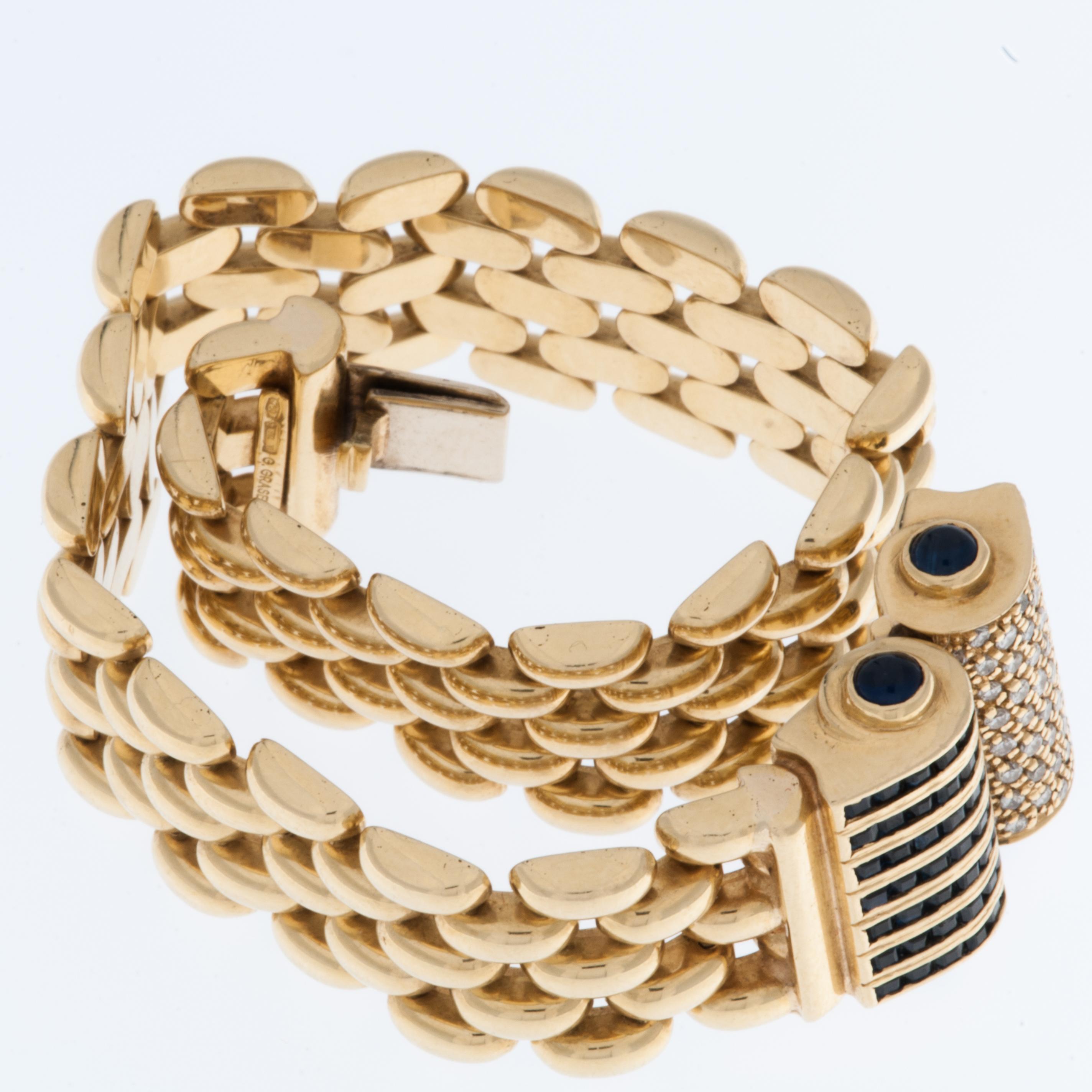 Graser Retro-Stil 18 Karat Gelbgold-Armband mit Diamanten und Saphiren (Gemischter Schliff) im Angebot