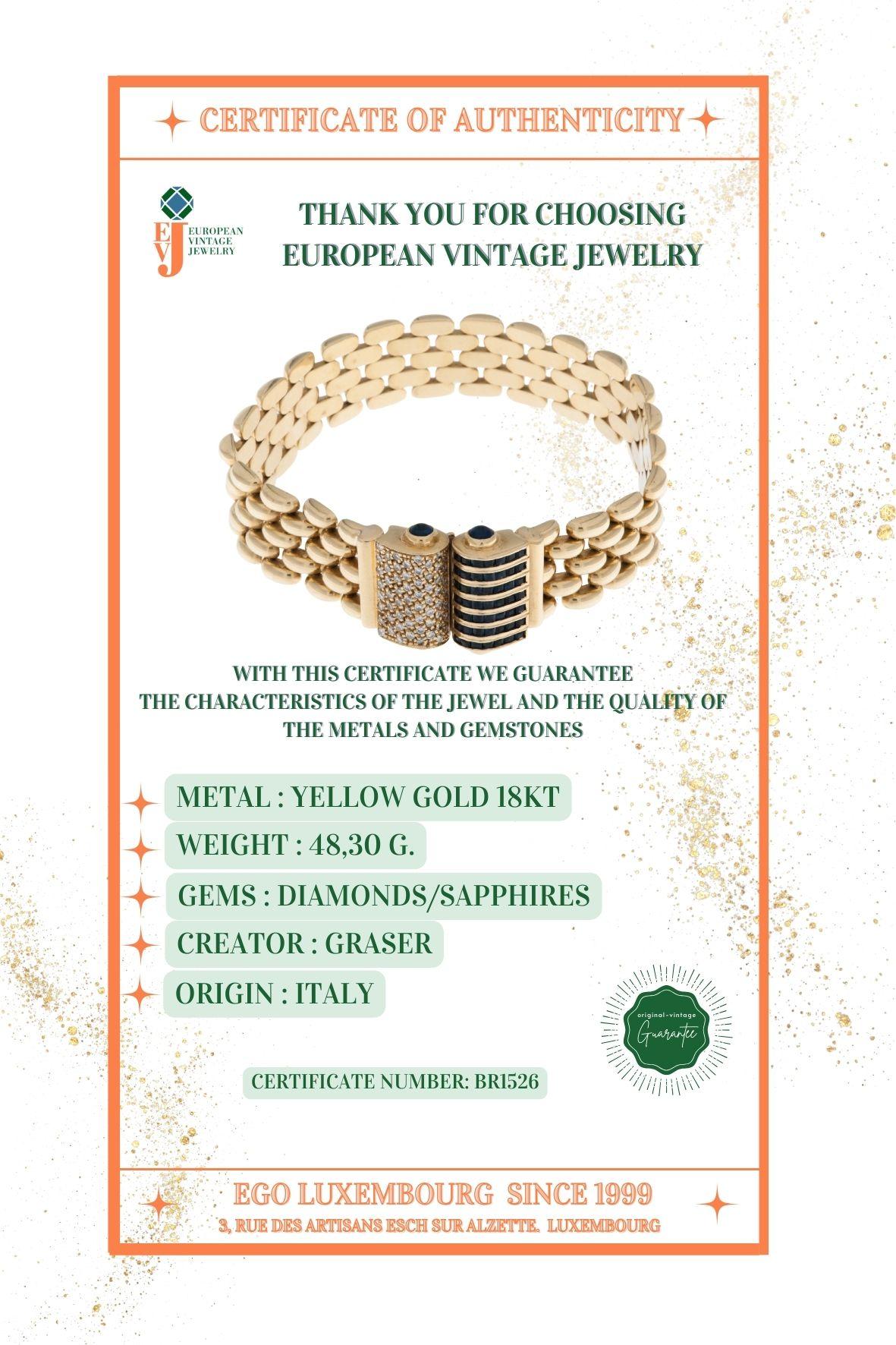 Graser Retro-Stil 18 Karat Gelbgold-Armband mit Diamanten und Saphiren im Angebot 3
