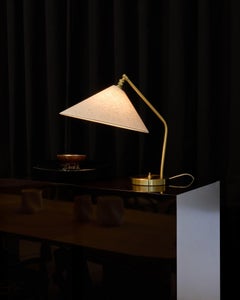 Grasshopper Table Lamp in Brass with Canvas Shade by Greta M. Grossman for GUBI
