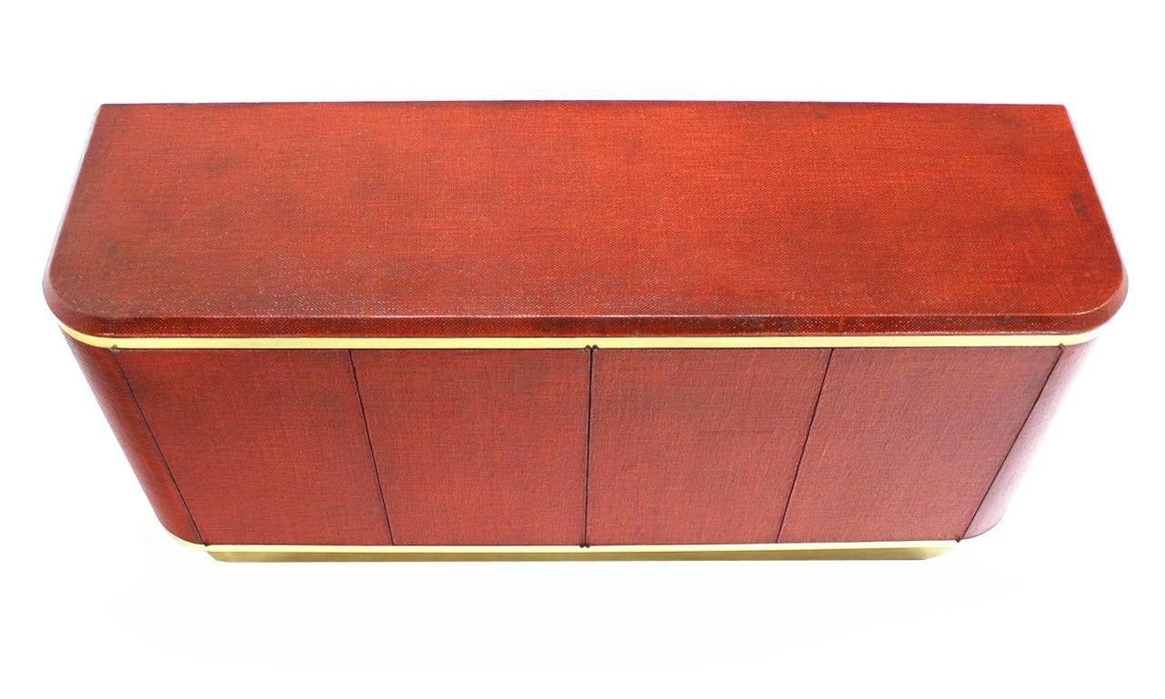 American Grass Cloth Brass Credenza 4 Doors Cabinet Sideboard Red Brick Color MINT!