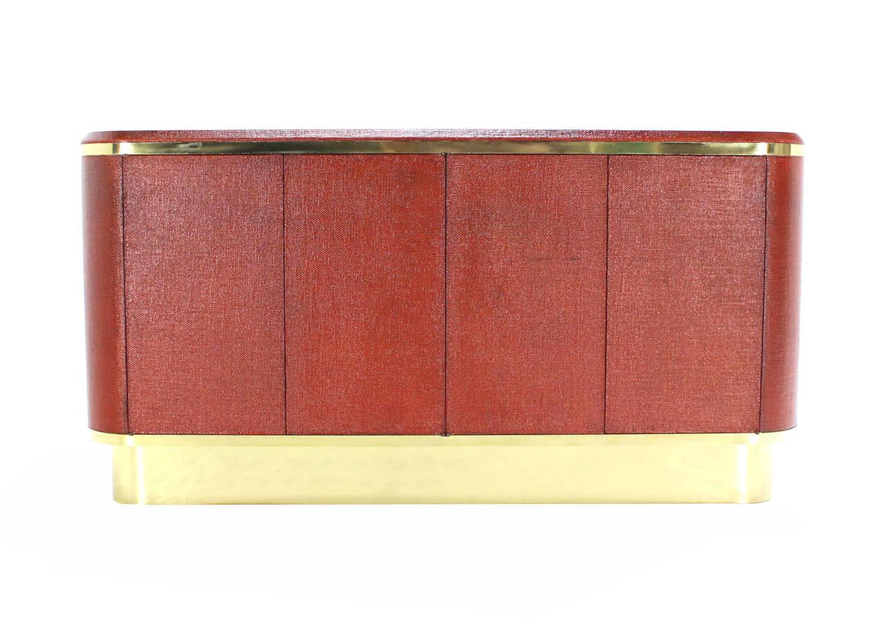 20th Century Grass Cloth Brass Credenza 4 Doors Cabinet Sideboard Red Brick Color MINT!