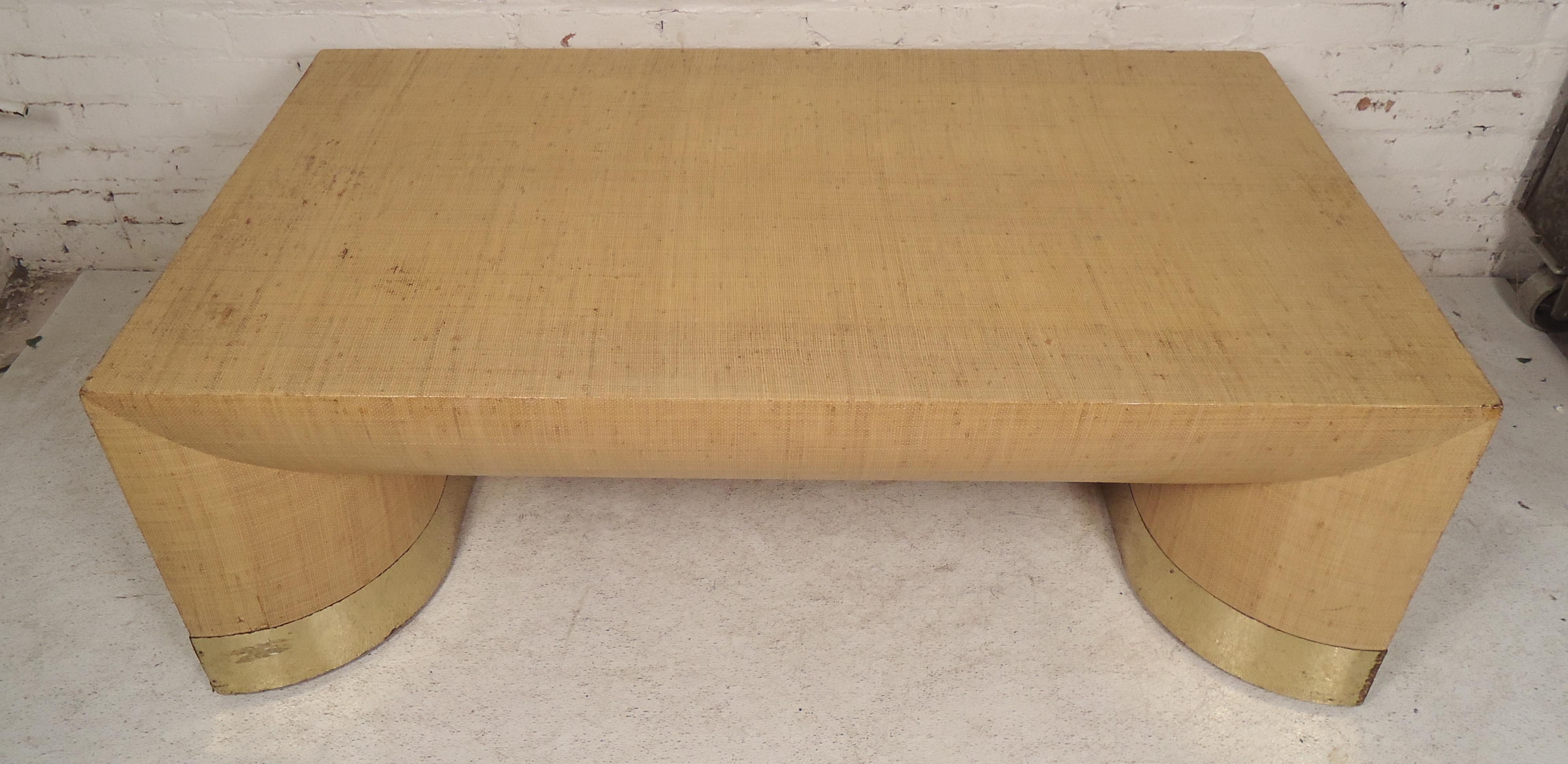 Table with beige color cloth and brass trim base. Table has been lacquered to prevent further fraying.

(Please confirm item location - NY or NJ - with dealer).
 