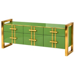 Grass Green Glass Sideboard with Brass Frames and Drawers, Made in Italy