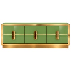 Grass Green Glossy Glass Sideboard with Sculptural Brass Handles, Italy