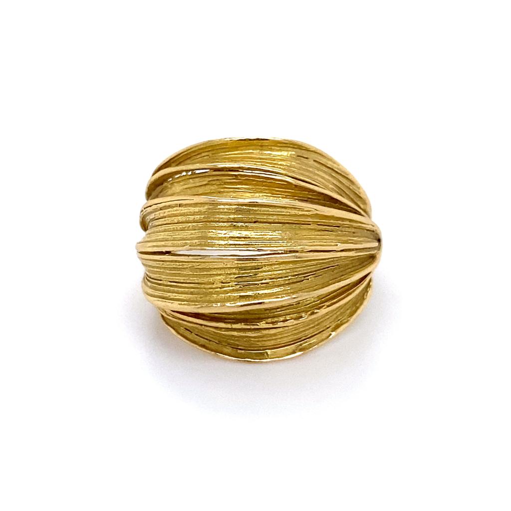 Artisan Grass Leaf Dome Ring 18 Karat Yellow Gold, Unique Bold Design For Sale