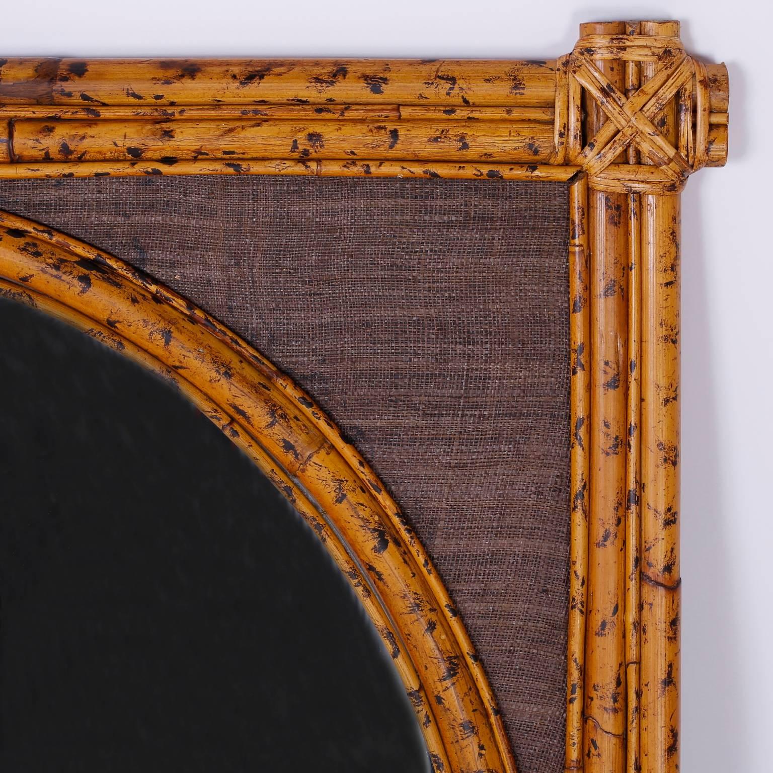 British Colonial Grasscloth and Bamboo Oval Mirror