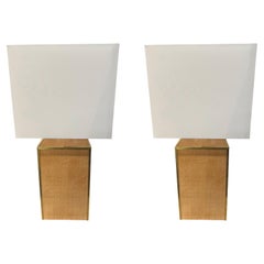 Grasscloth Brass Trimmed Base Pair Table Lamps With Shades, Italy, Contemporary