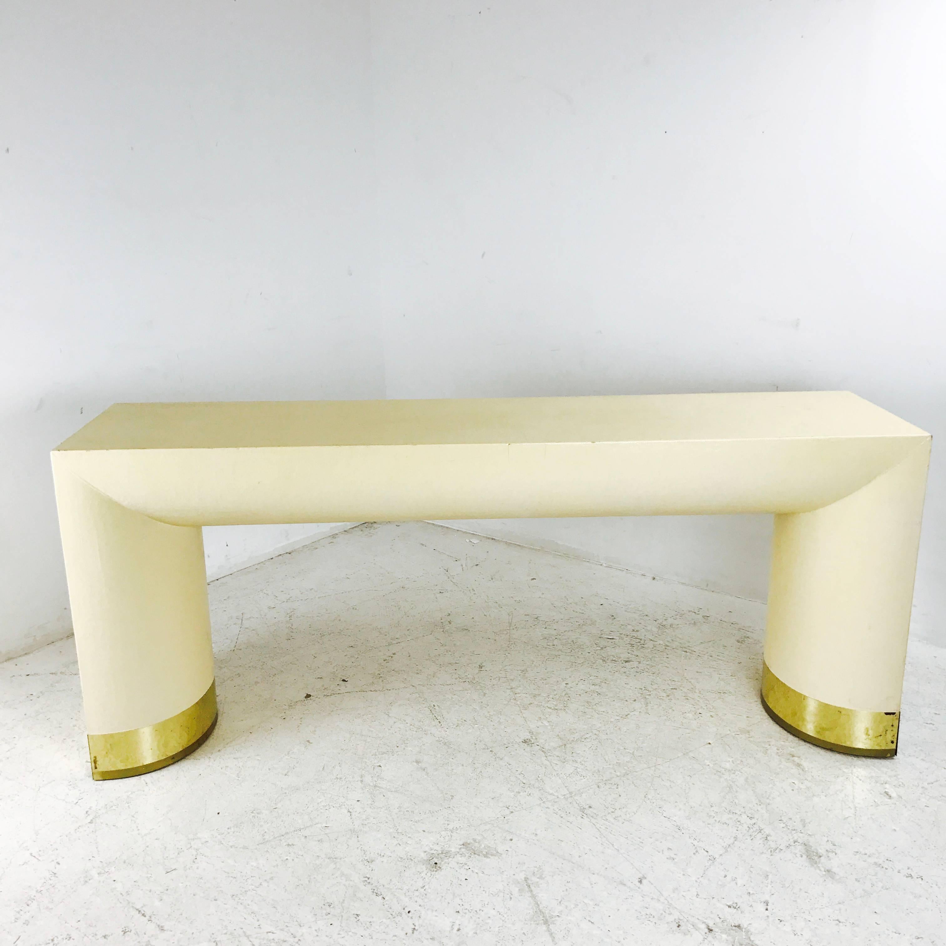 Hollywood Regency Grasscloth Console Table with Brass Feet 