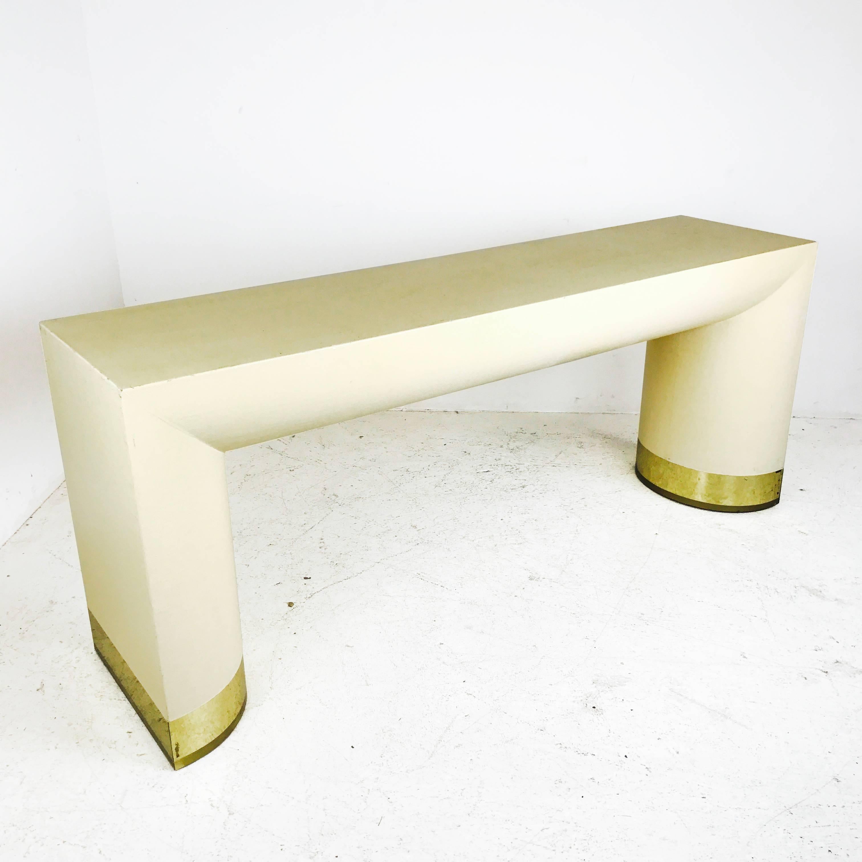 Lacquered Grasscloth Console Table with Brass Feet 