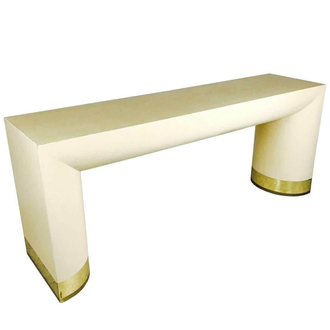 Grasscloth Console Table with Brass Feet 