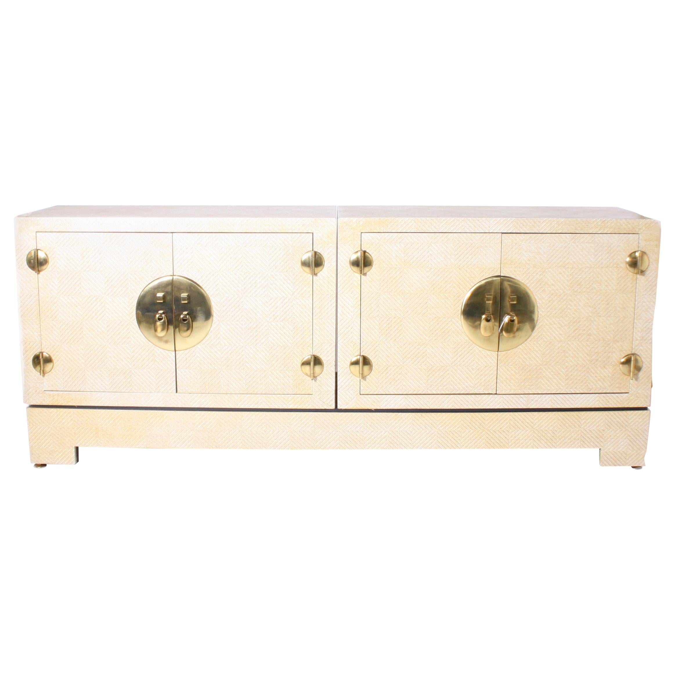 Grasscloth Credenza with Gold Detailing, circa 1960