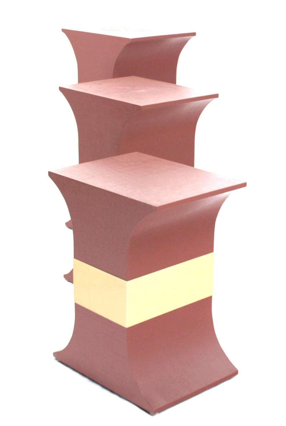 Lacquered Grasscloth Wrapped Three Mid Century Modern Pink Lacquer Brass Trim Pedestals For Sale