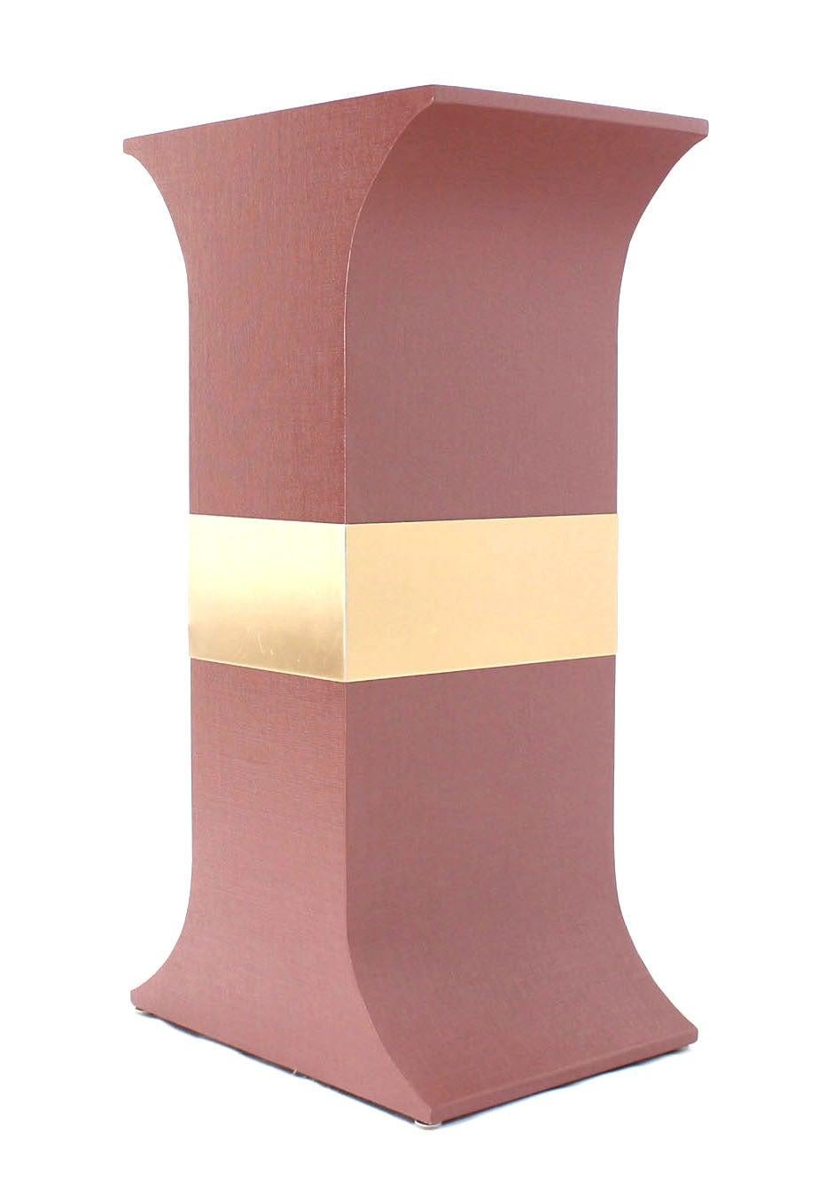 20th Century Grasscloth Wrapped Three Mid Century Modern Pink Lacquer Brass Trim Pedestals For Sale